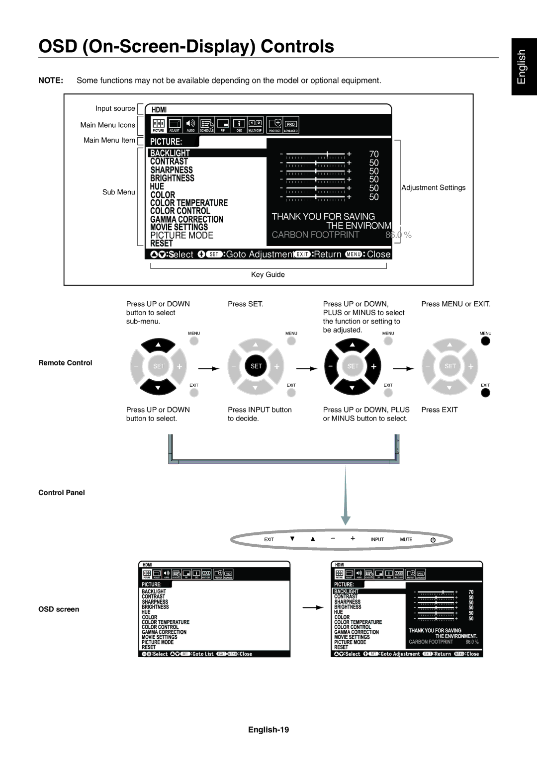 NEC X551S, X461S user manual OSD On-Screen-Display Controls, English-19 