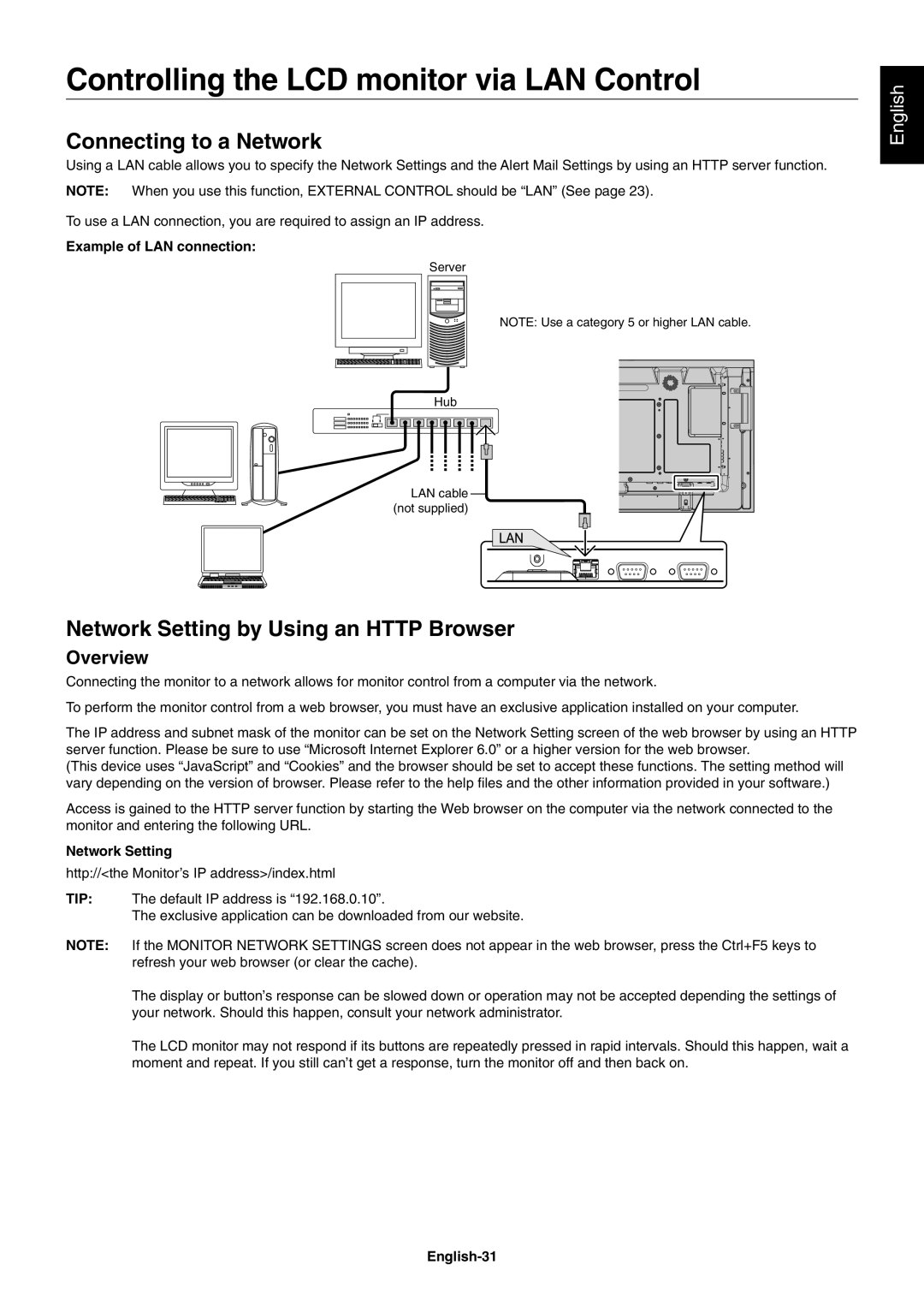 NEC X551S Controlling the LCD monitor via LAN Control, Connecting to a Network, Network Setting by Using an Http Browser 