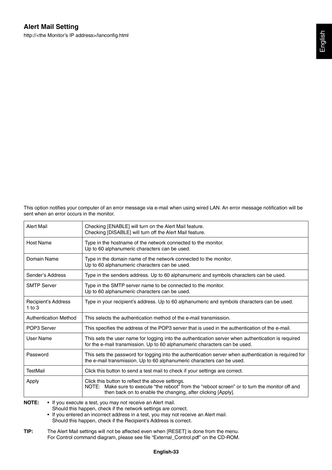 NEC X551S, X461S user manual Alert Mail Setting, English-33 