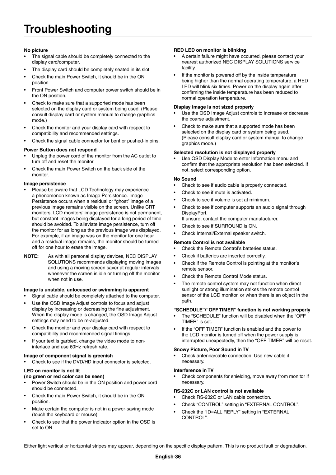 NEC X461S, X551S user manual Troubleshooting, English-36 