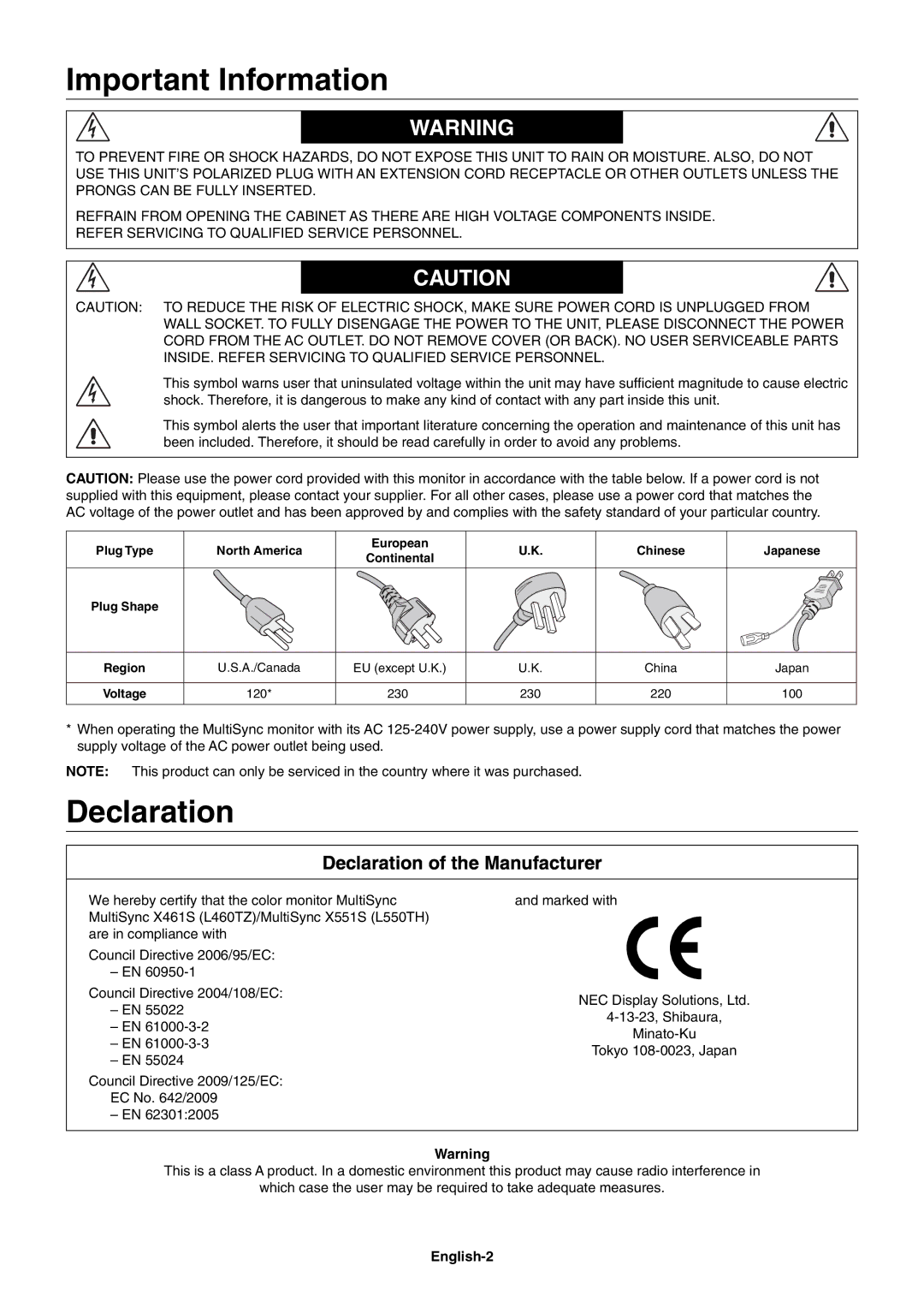 NEC X461S, X551S user manual Important Information, Declaration of the Manufacturer, English-2 