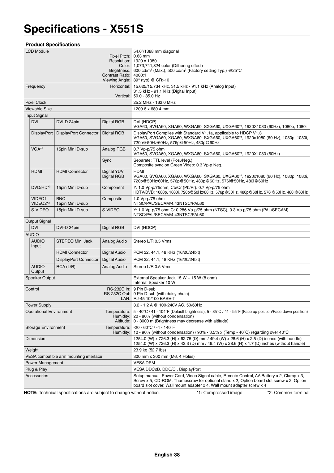 NEC X461S user manual Speciﬁcations X551S, English-38 