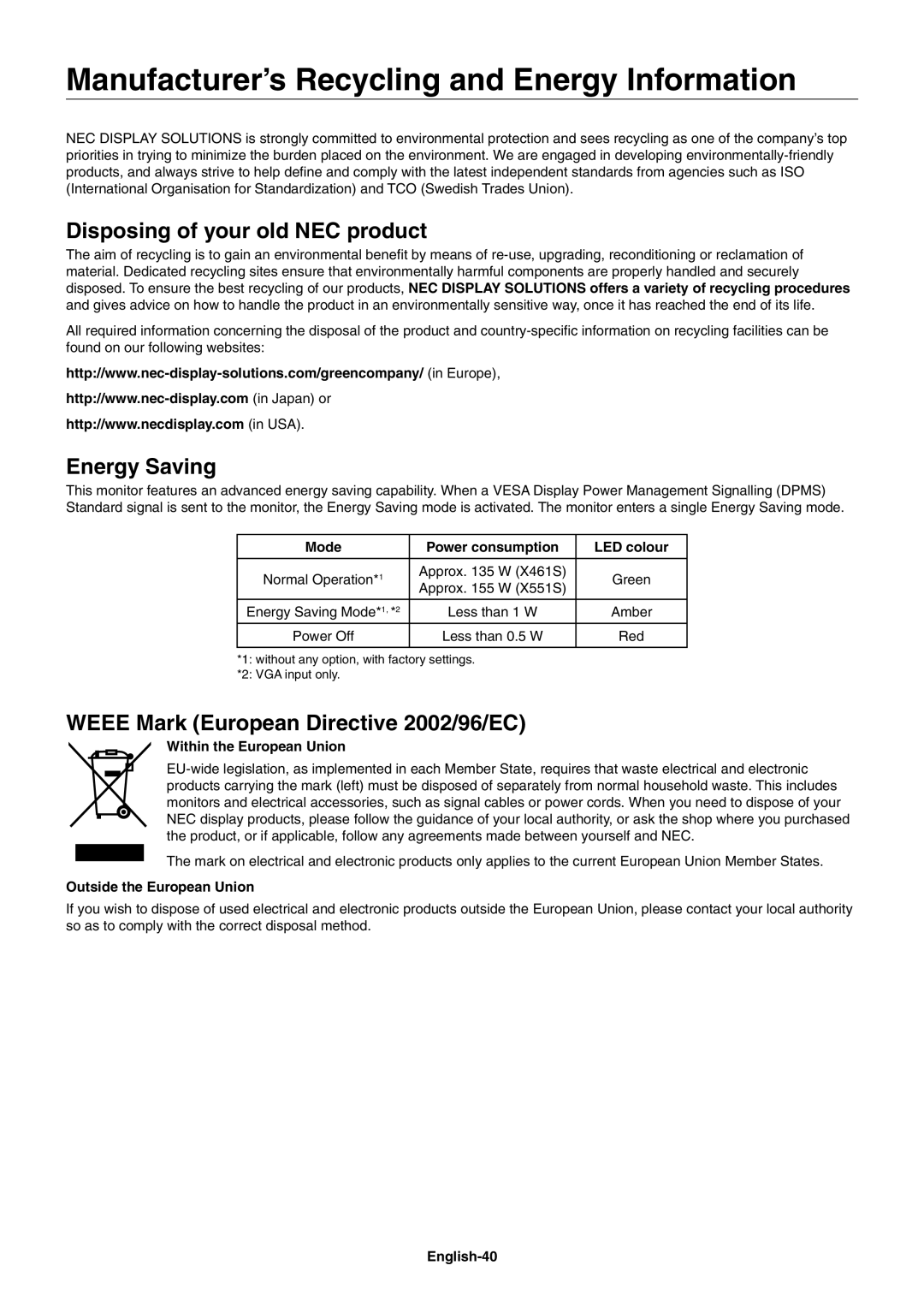 NEC X461S, X551S Manufacturer’s Recycling and Energy Information, Disposing of your old NEC product, Energy Saving 