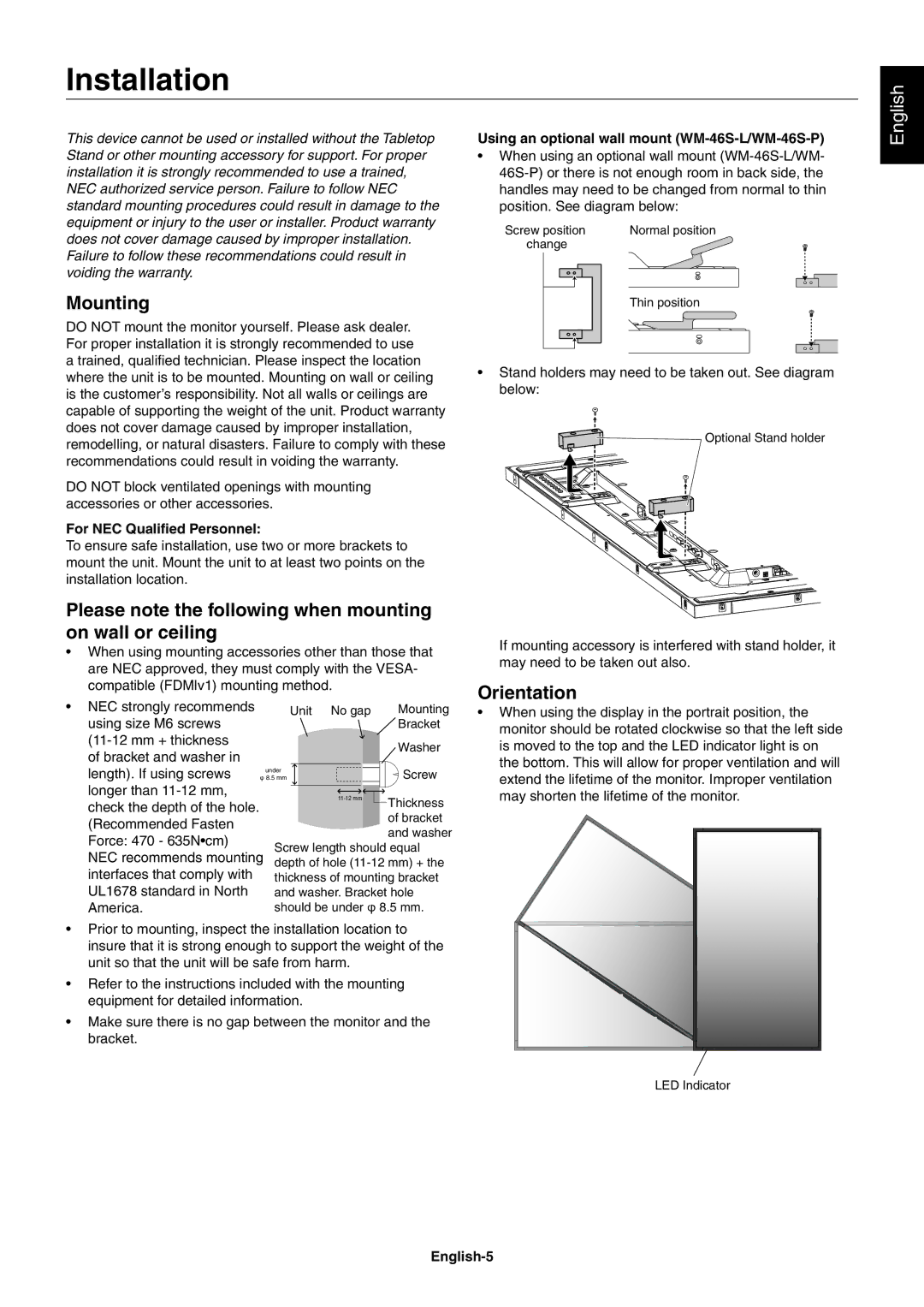 NEC X551S, X461S user manual Installation, Mounting, Please note the following when mounting on wall or ceiling, Orientation 