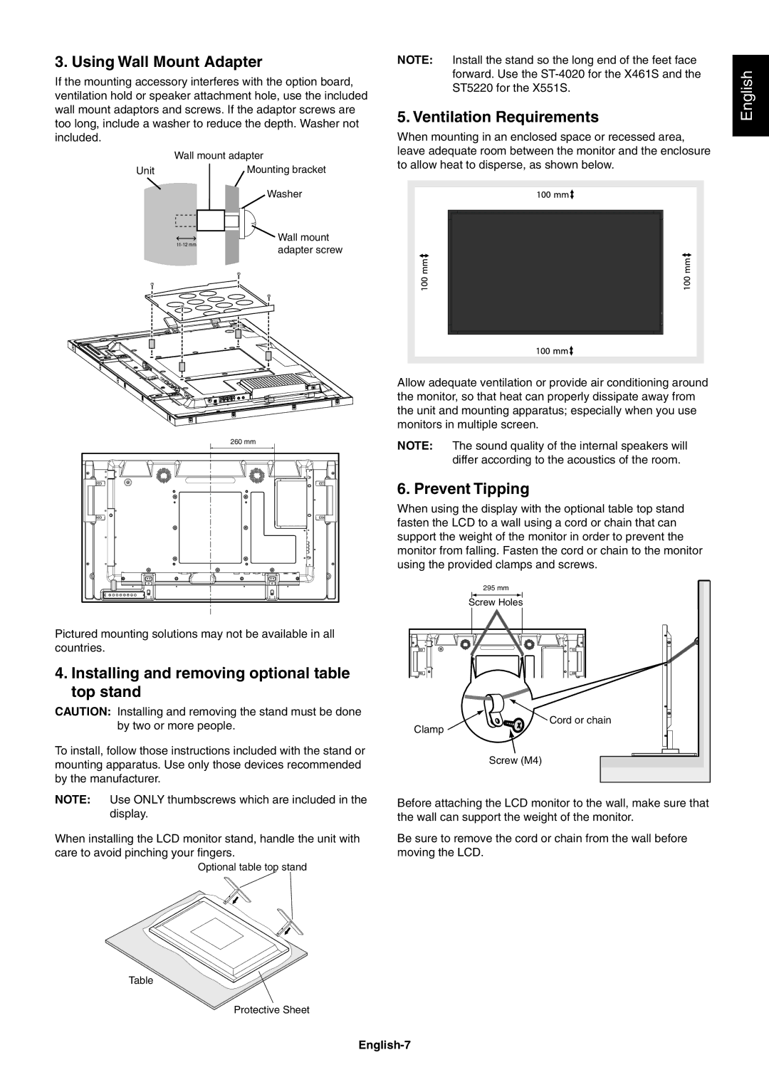 NEC X551S, X461S user manual Using Wall Mount Adapter, Ventilation Requirements, Prevent Tipping, English-7 