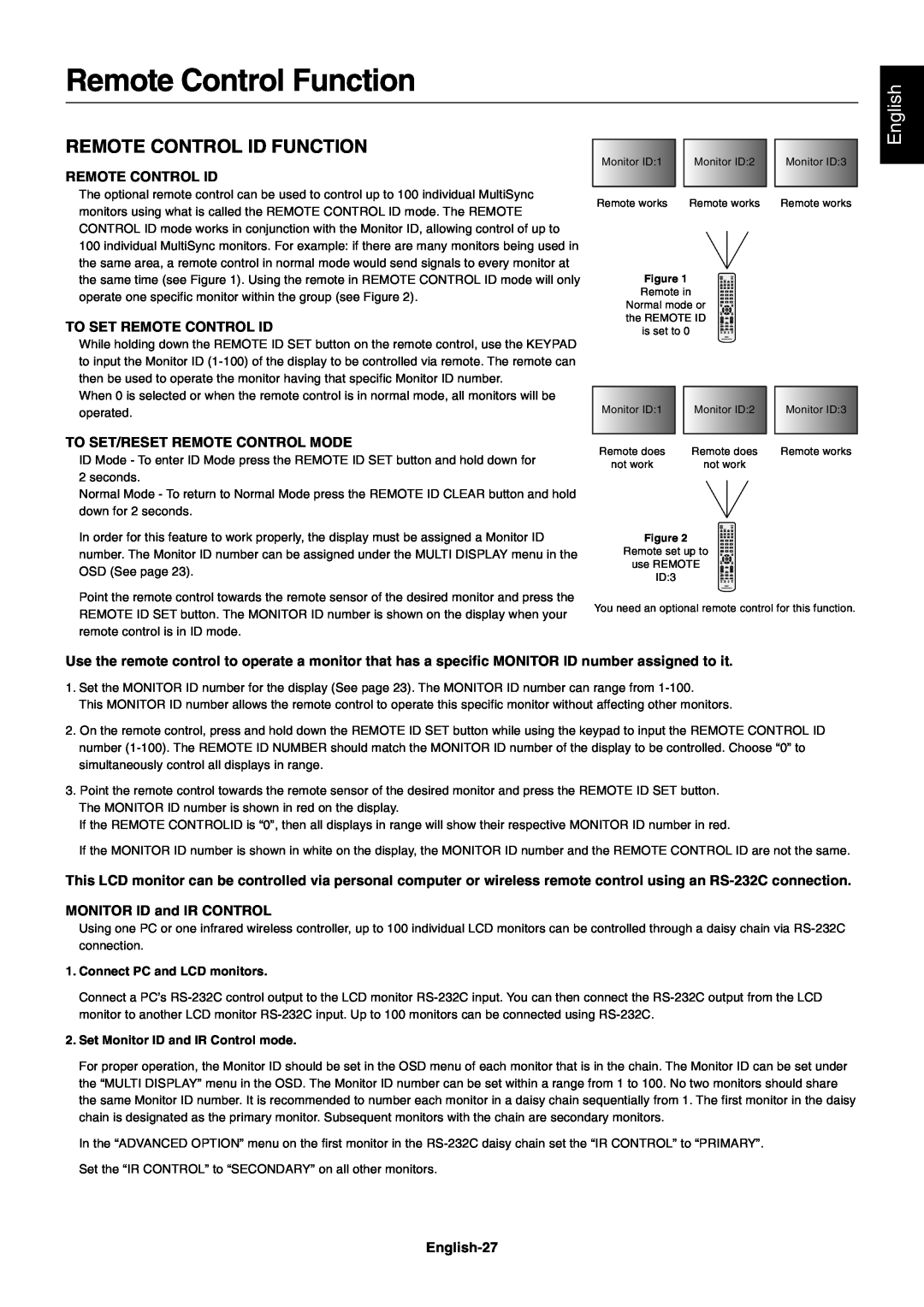 NEC X461UN user manual Remote Control Function, Remote Control Id Function, English 