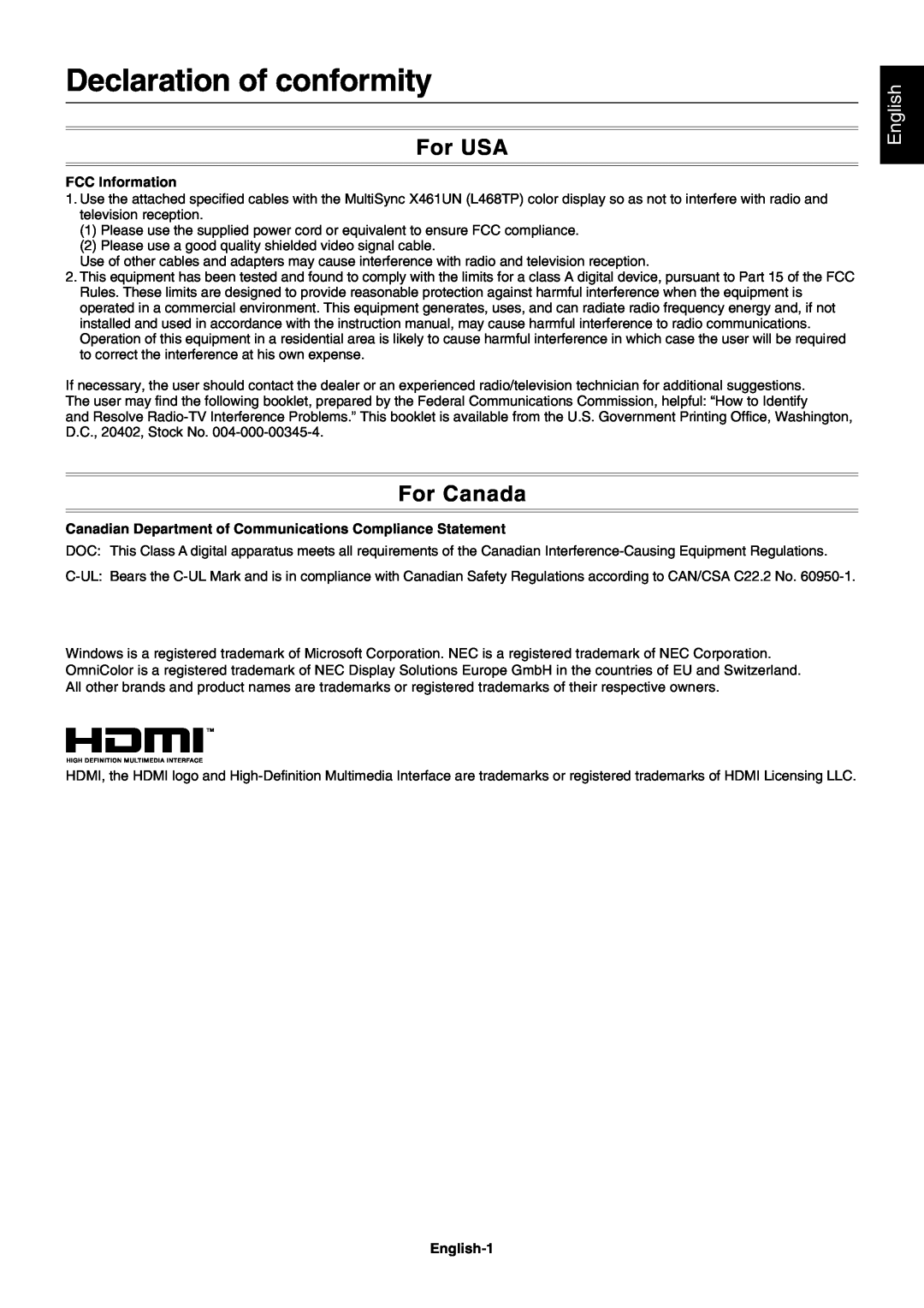 NEC X461UN user manual Declaration of conformity, For USA, For Canada, English 