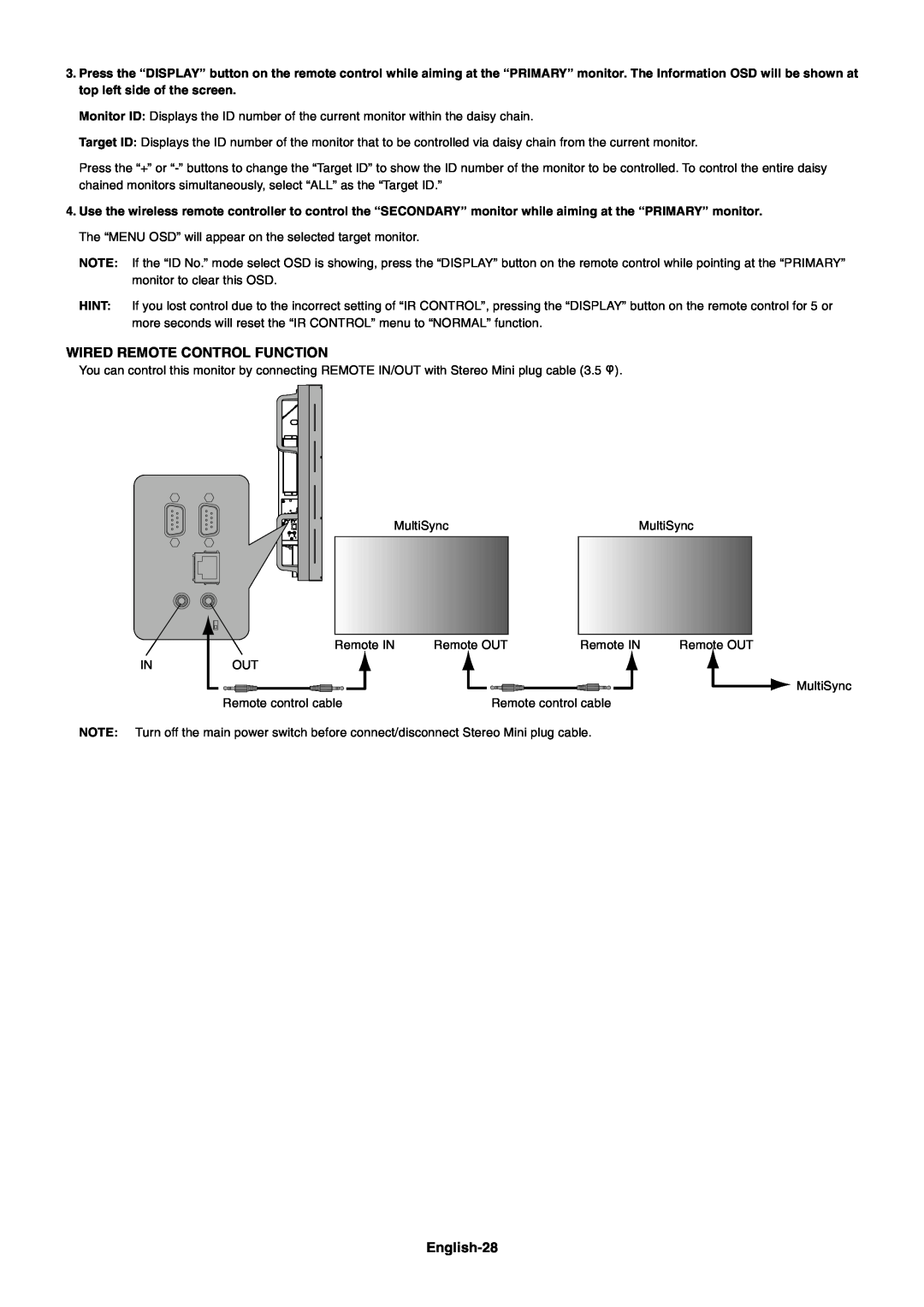 NEC X461UN user manual Wired Remote Control Function, English-28 