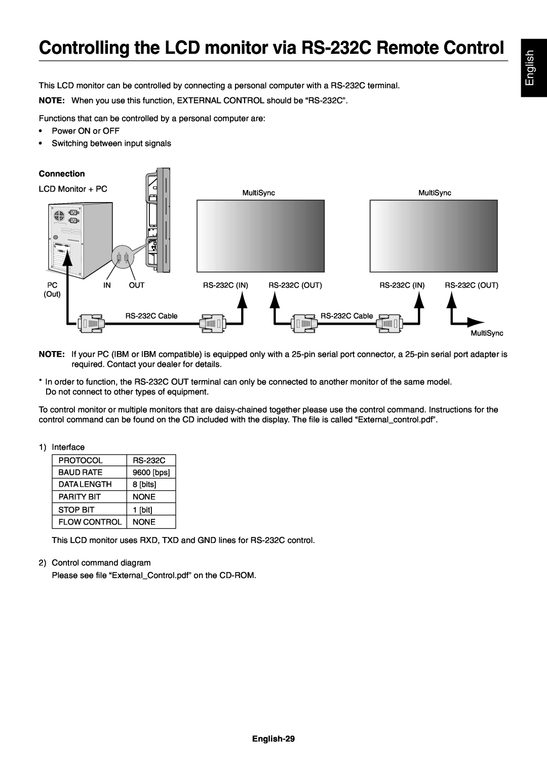 NEC X461UN user manual Controlling the LCD monitor via RS-232C Remote Control, Connection, English-29 