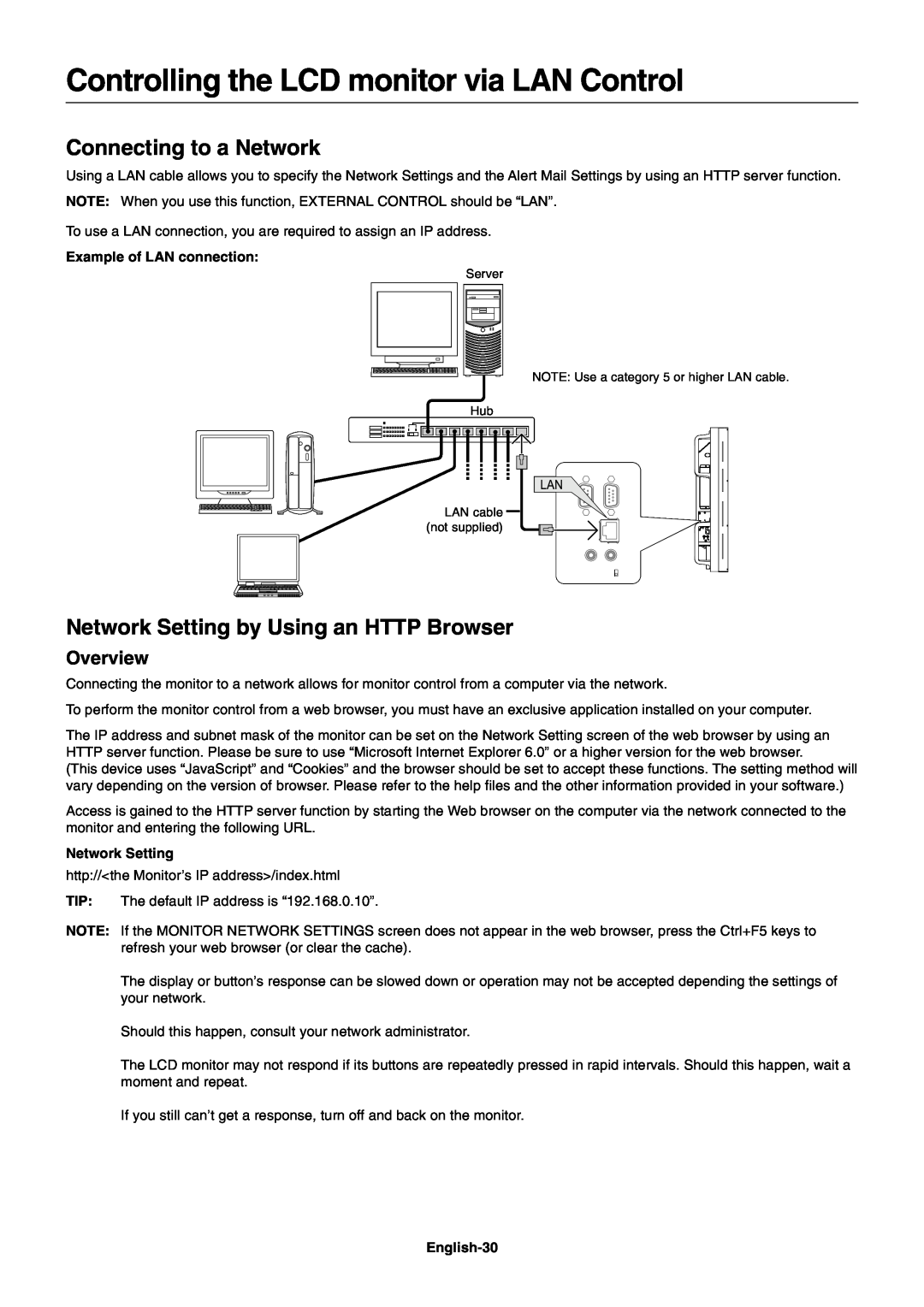 NEC X461UN Controlling the LCD monitor via LAN Control, Connecting to a Network, Network Setting by Using an HTTP Browser 