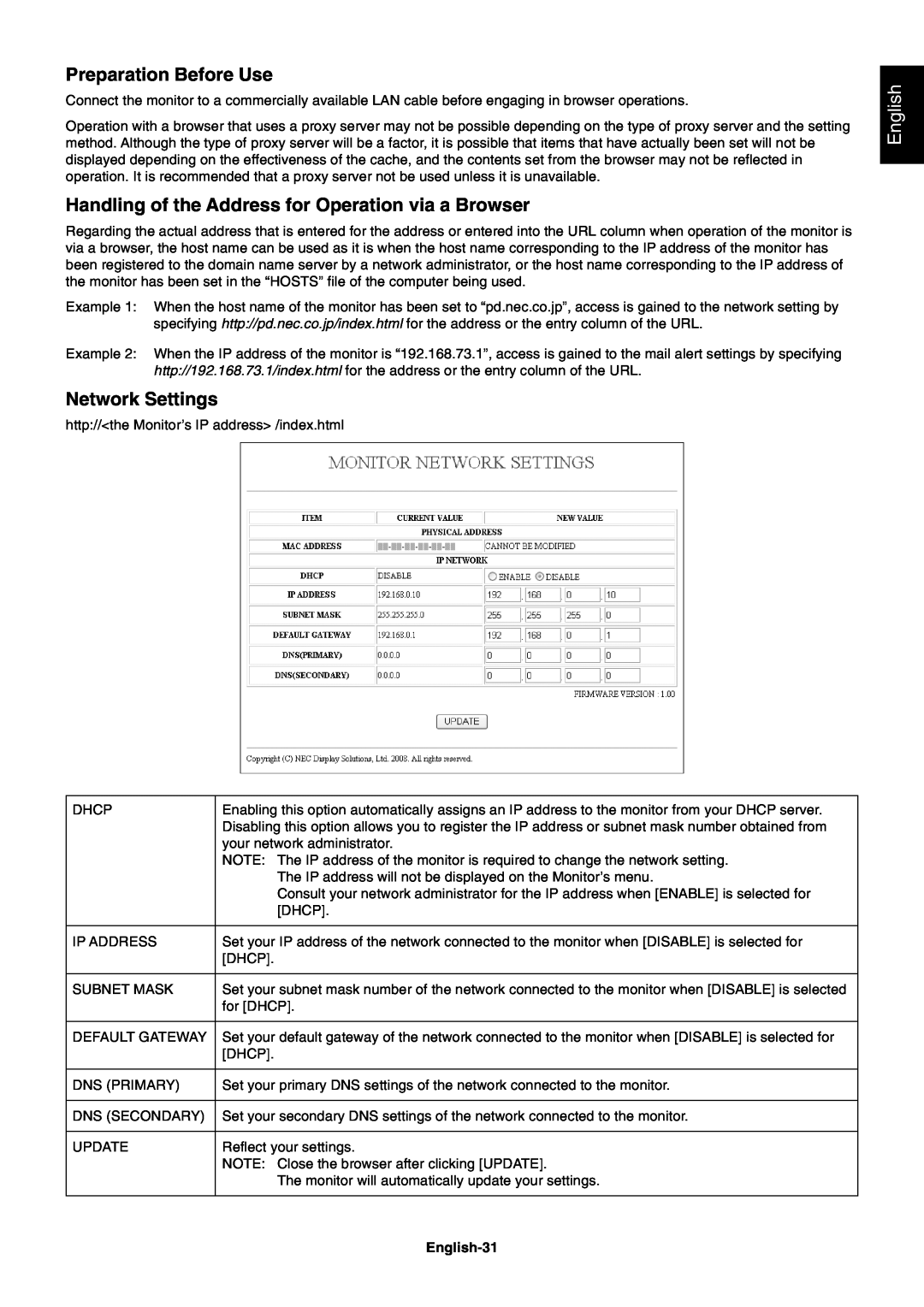 NEC X461UN Preparation Before Use, Handling of the Address for Operation via a Browser, Network Settings, English 