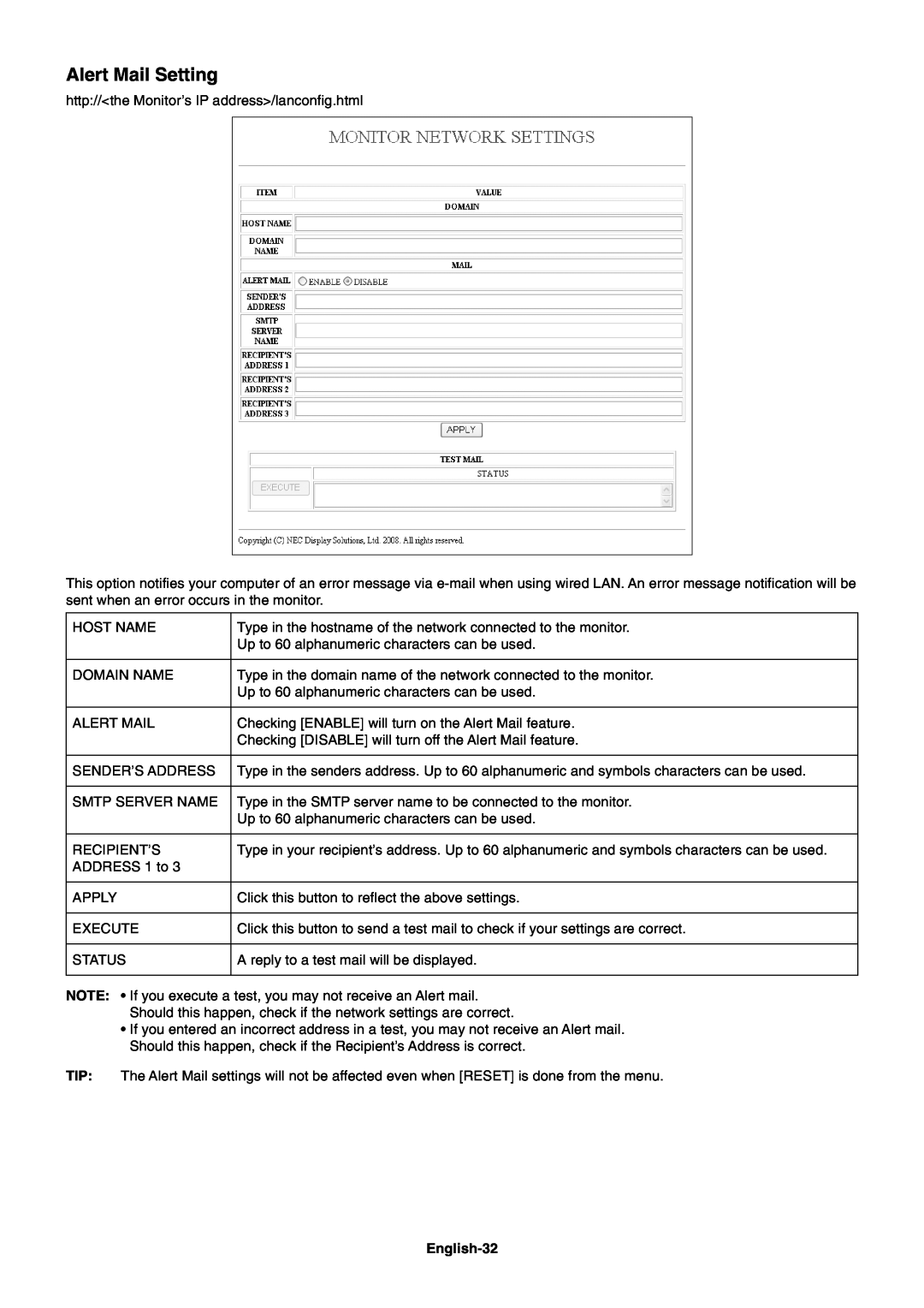NEC X461UN user manual Alert Mail Setting, English-32 