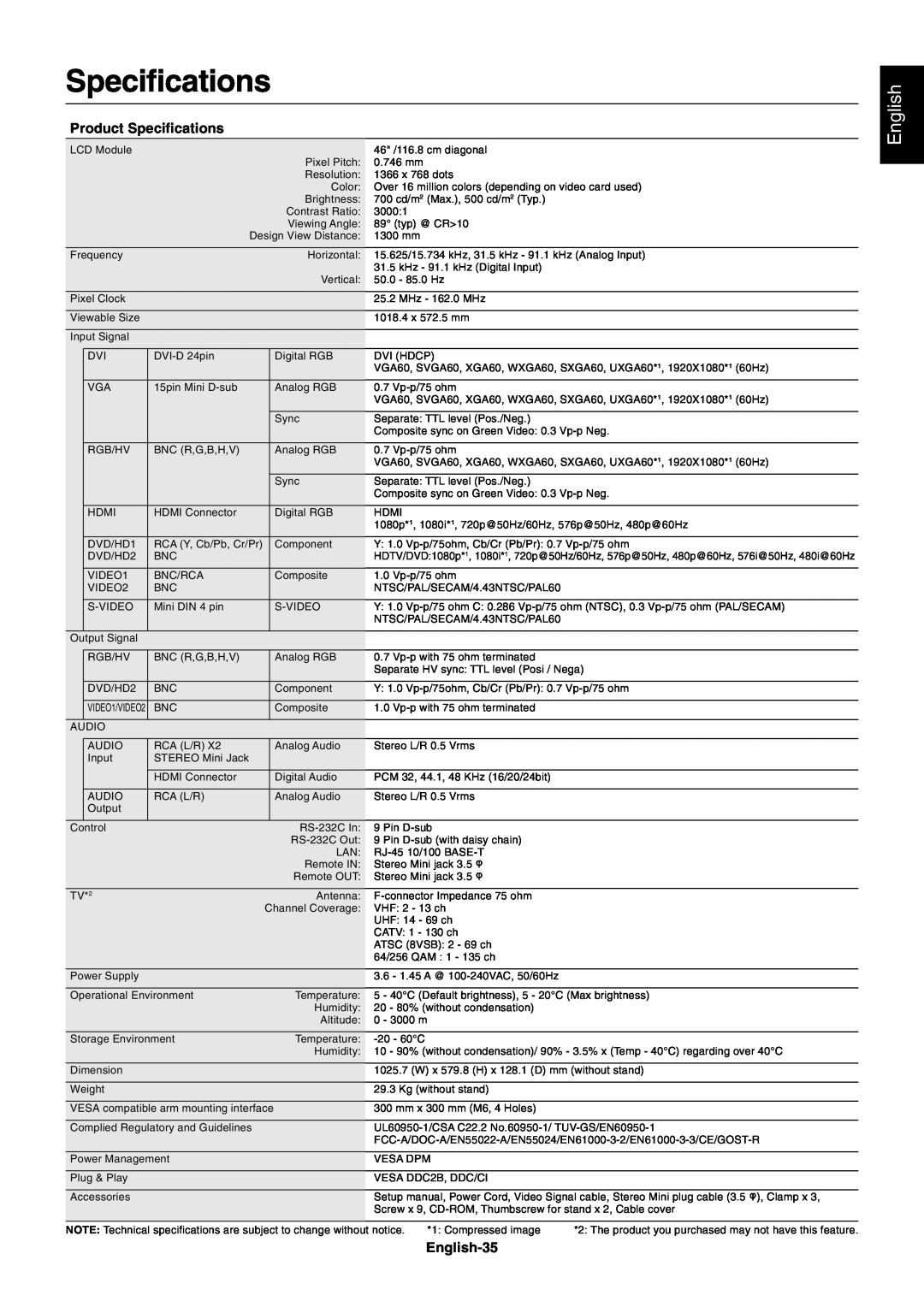 NEC X461UN user manual Product Specifications, English-35 