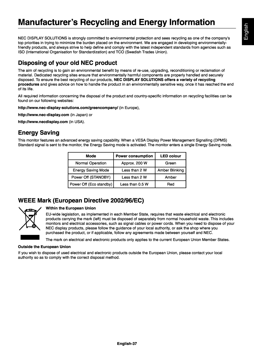 NEC X461UN Manufacturer’s Recycling and Energy Information, Disposing of your old NEC product, Energy Saving, English 