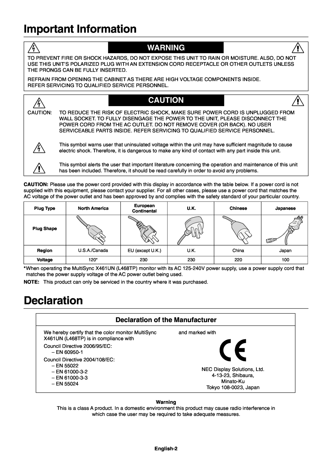 NEC X461UN user manual Important Information, Declaration of the Manufacturer 