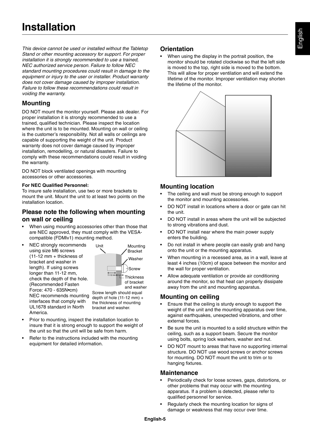 NEC X461UN Installation, Mounting, Please note the following when mounting on wall or ceiling, Orientation, Maintenance 