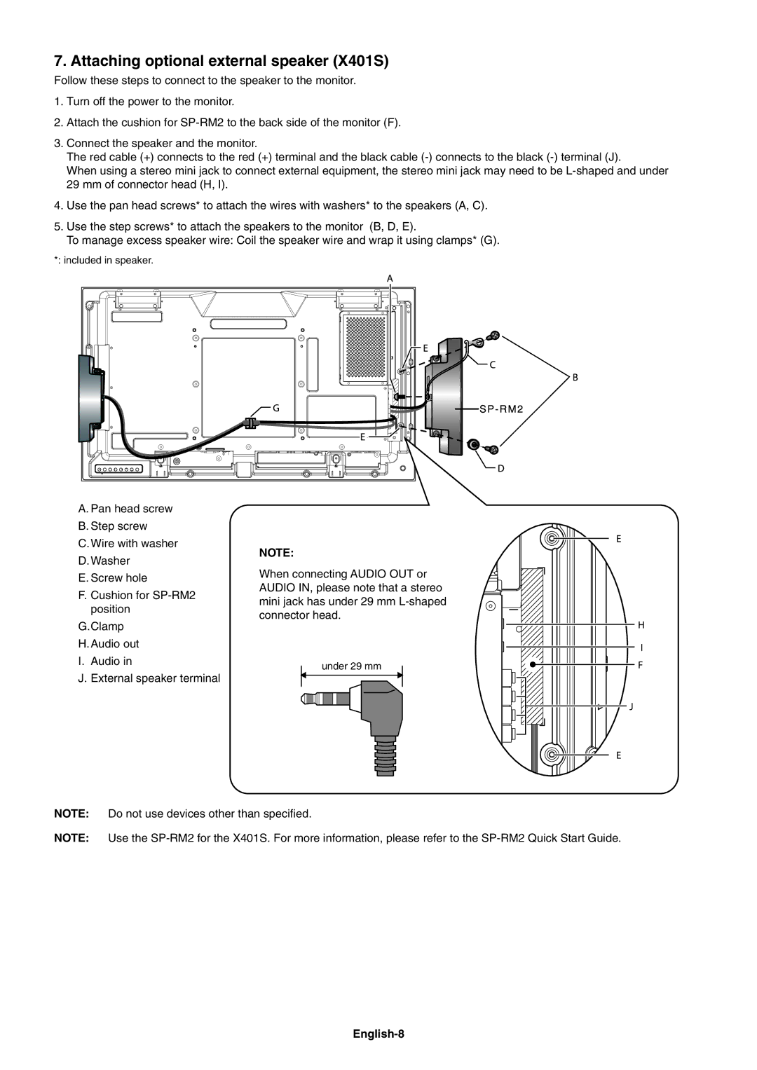 NEC X462SAVT, X552SAVT user manual Attaching optional external speaker X401S, English-8 