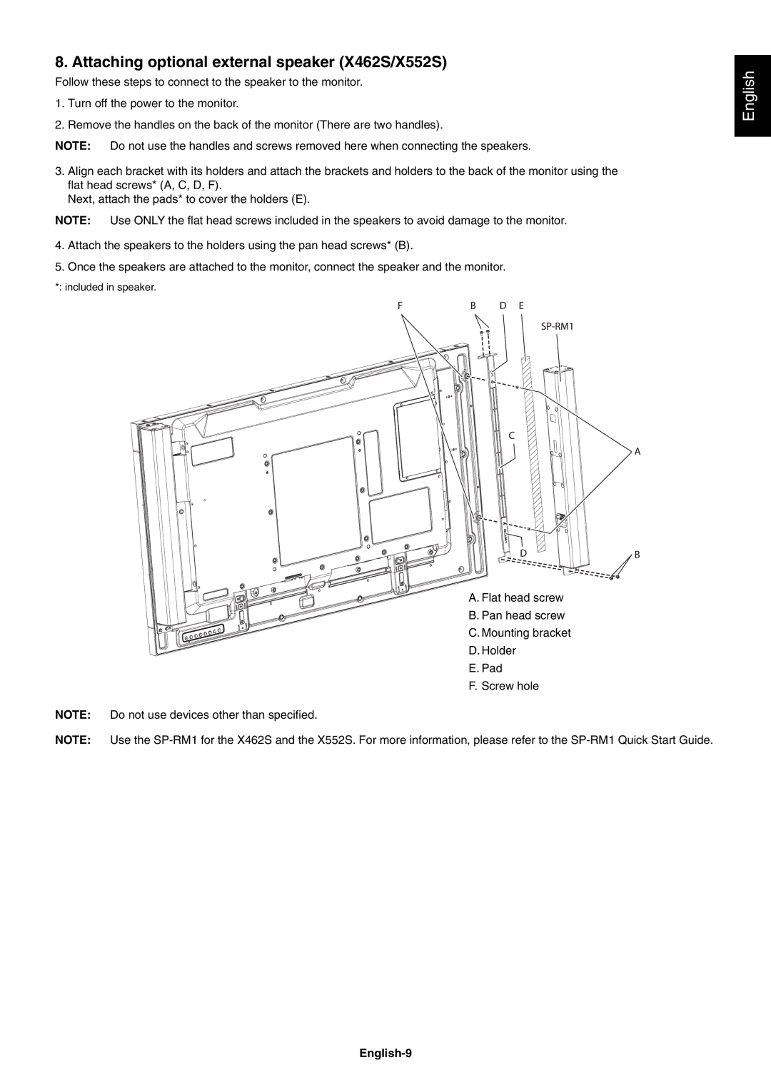 NEC X552SAVT, X462SAVT user manual Attaching optional external speaker X462S/X552S, English-9 