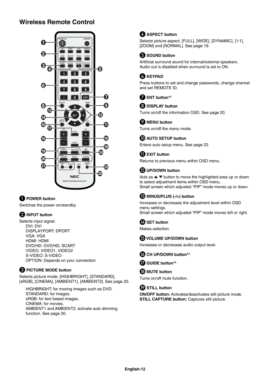 NEC X462SAVT, X552SAVT user manual Wireless Remote Control 