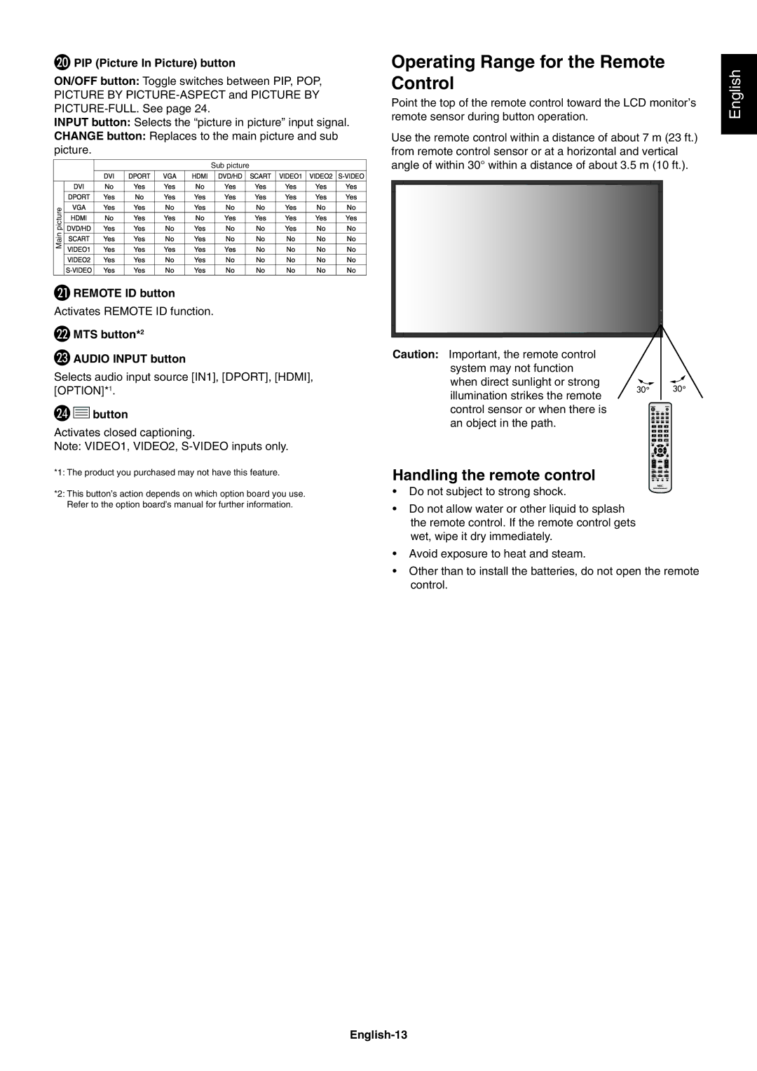 NEC X552SAVT, X462SAVT user manual Operating Range for the Remote Control, Handling the remote control 