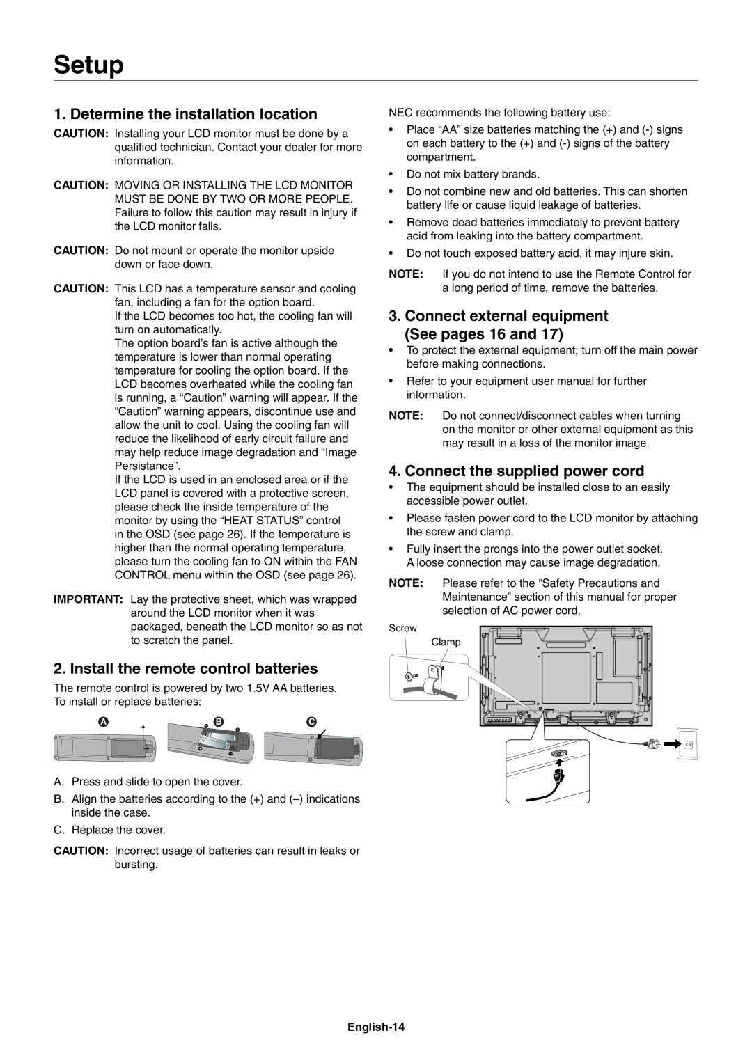 NEC X462SAVT, X552SAVT user manual Setup, Determine the installation location, Install the remote control batteries 