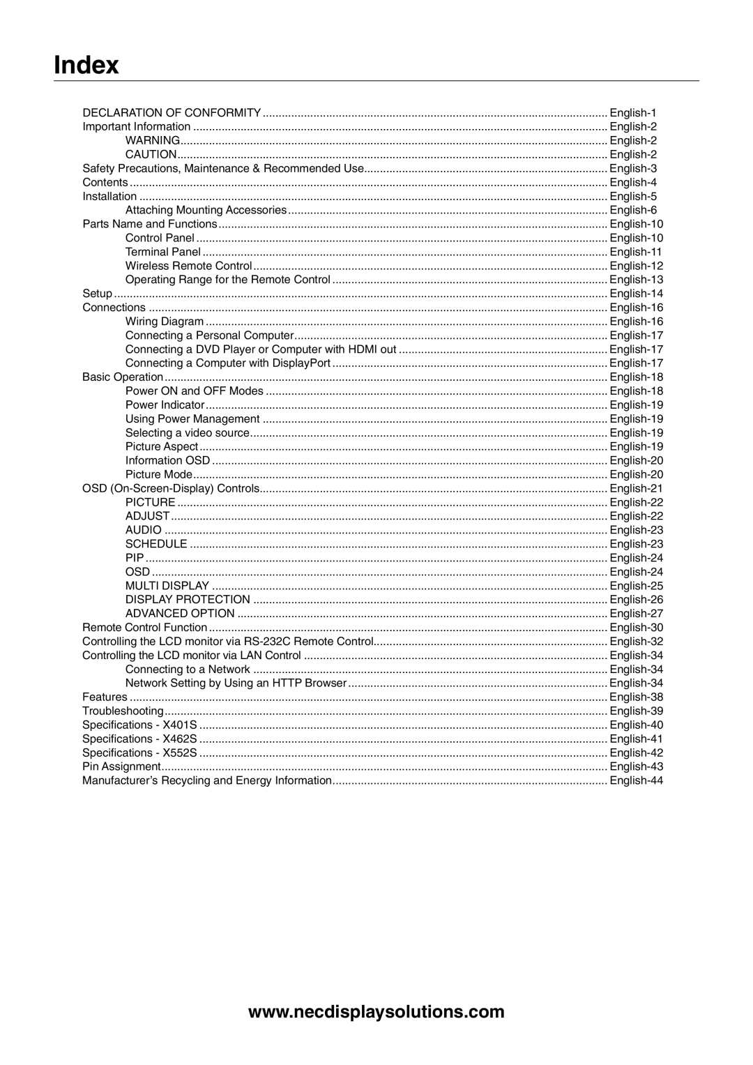 NEC X462SAVT, X552SAVT user manual Index, Declaration of Conformity 