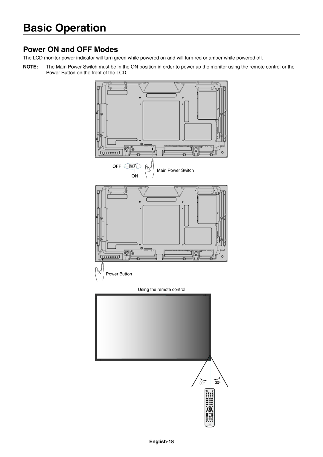 NEC X462SAVT, X552SAVT user manual Basic Operation, Power on and OFF Modes, English-18 