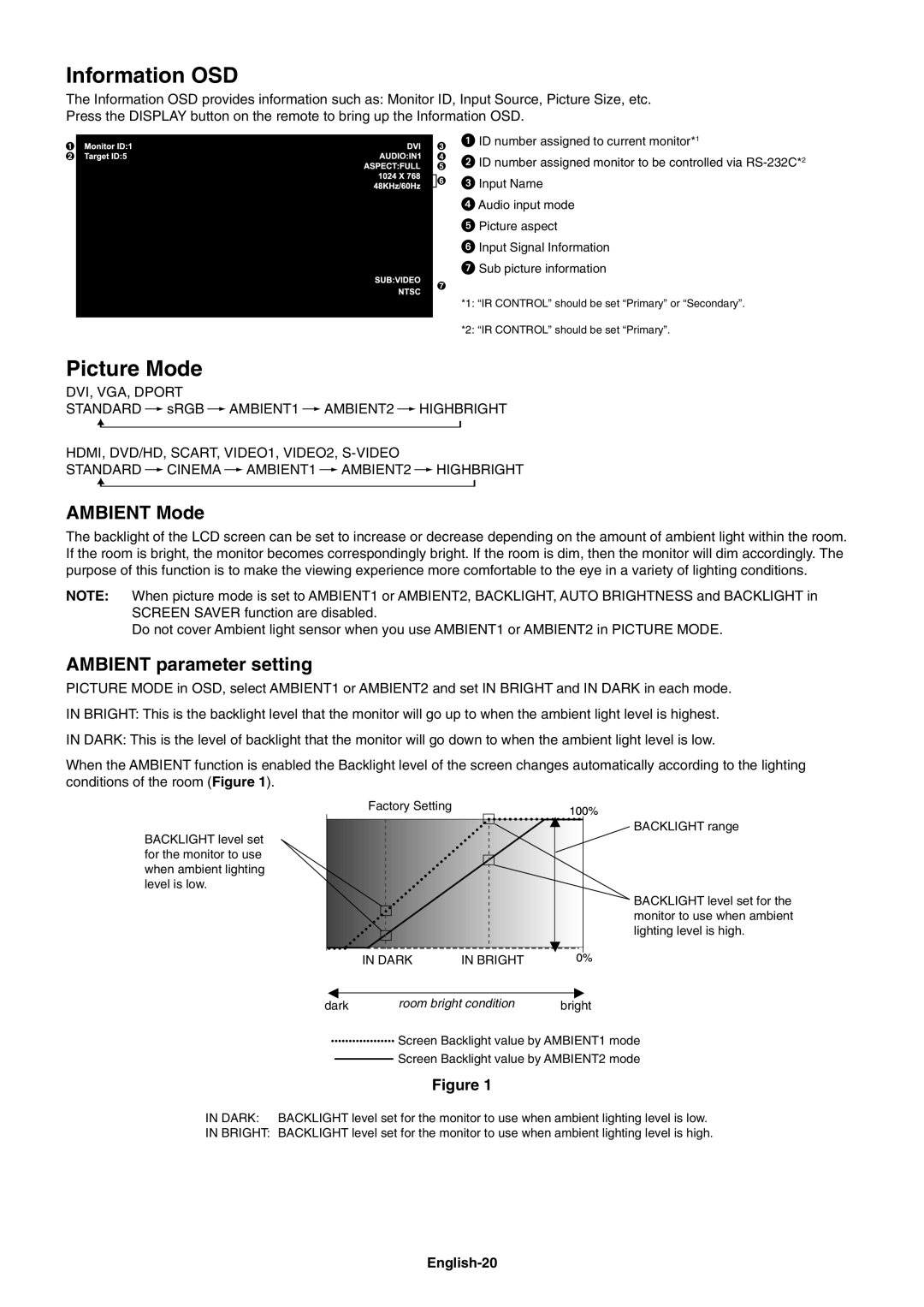 NEC X462SAVT, X552SAVT user manual Information OSD, Picture Mode, Ambient Mode, Ambient parameter setting, English-20 