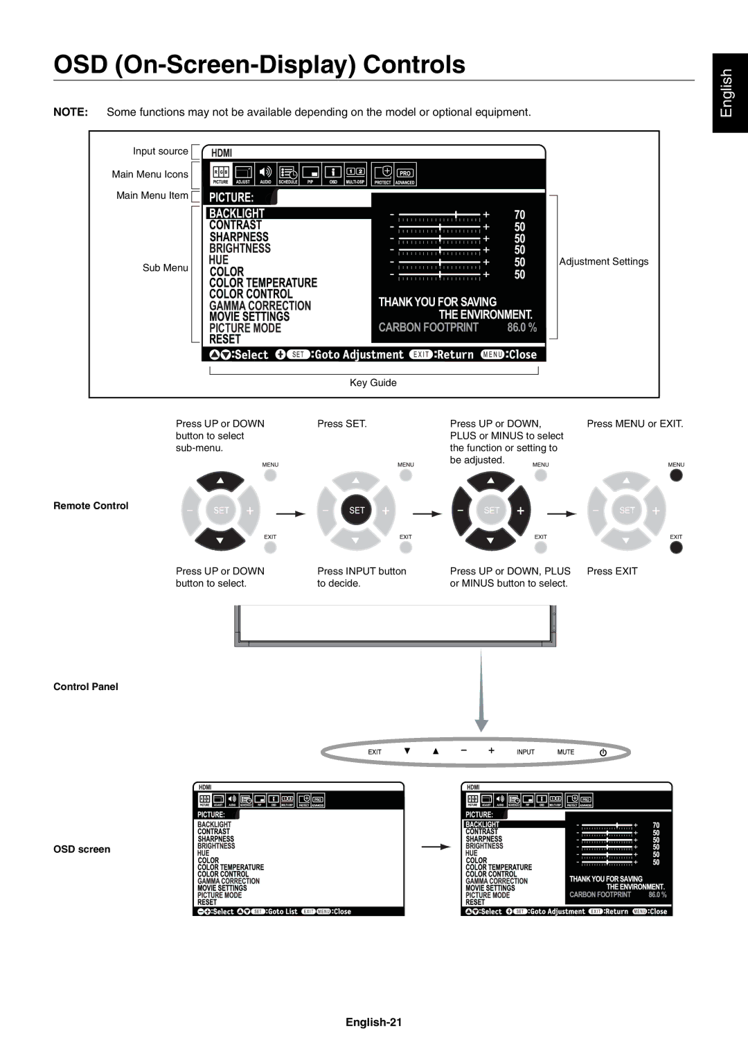 NEC X552SAVT, X462SAVT user manual OSD On-Screen-Display Controls, English-21 