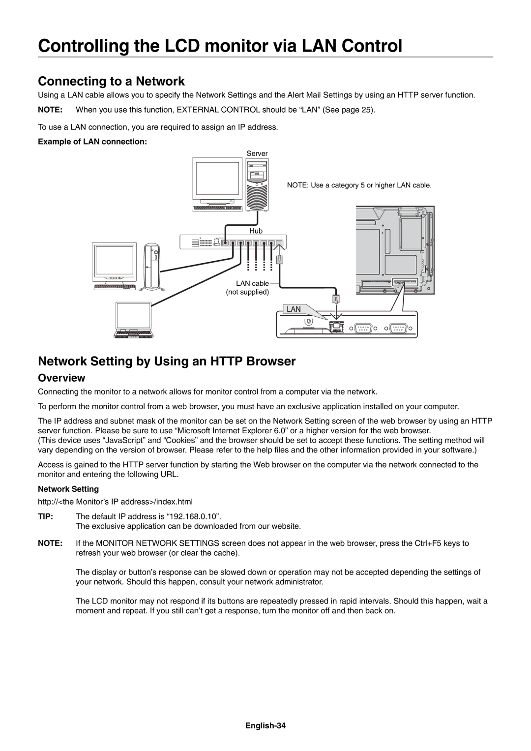 NEC X462SAVT, X552SAVT user manual Controlling the LCD monitor via LAN Control, Connecting to a Network, Overview 