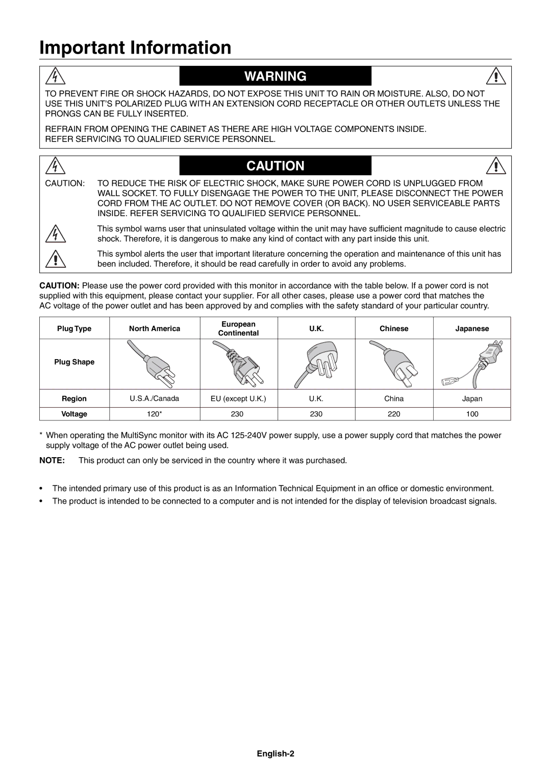 NEC X462SAVT, X552SAVT user manual Important Information, English-2 