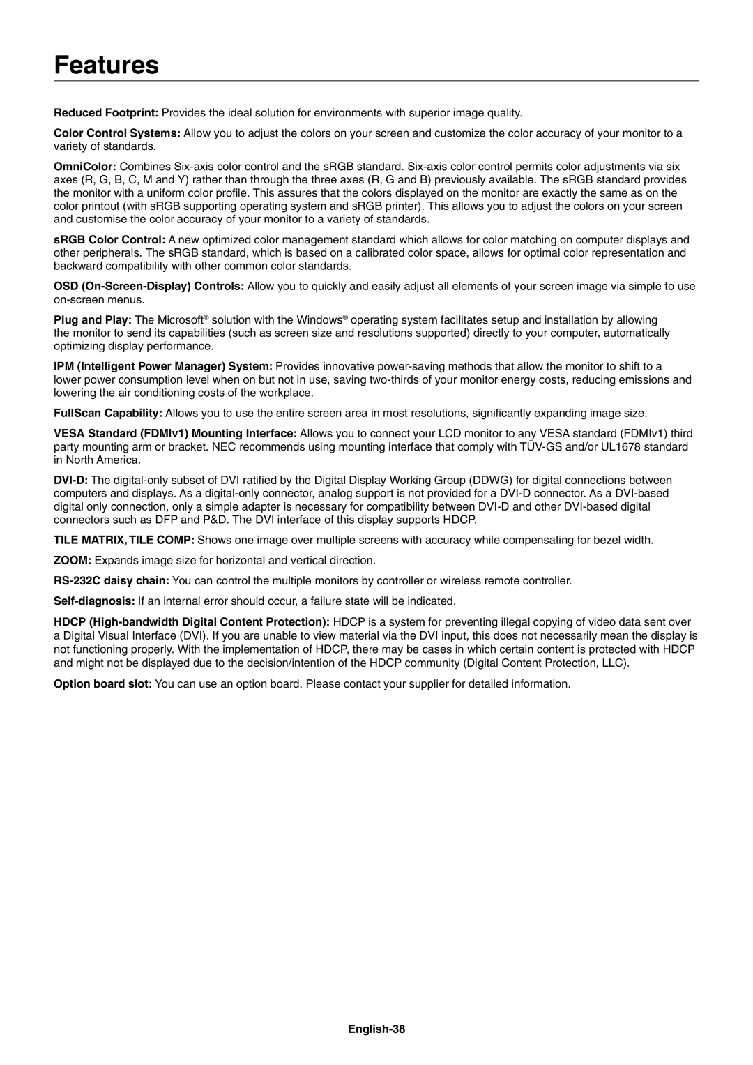 NEC X462SAVT, X552SAVT user manual Features, English-38 