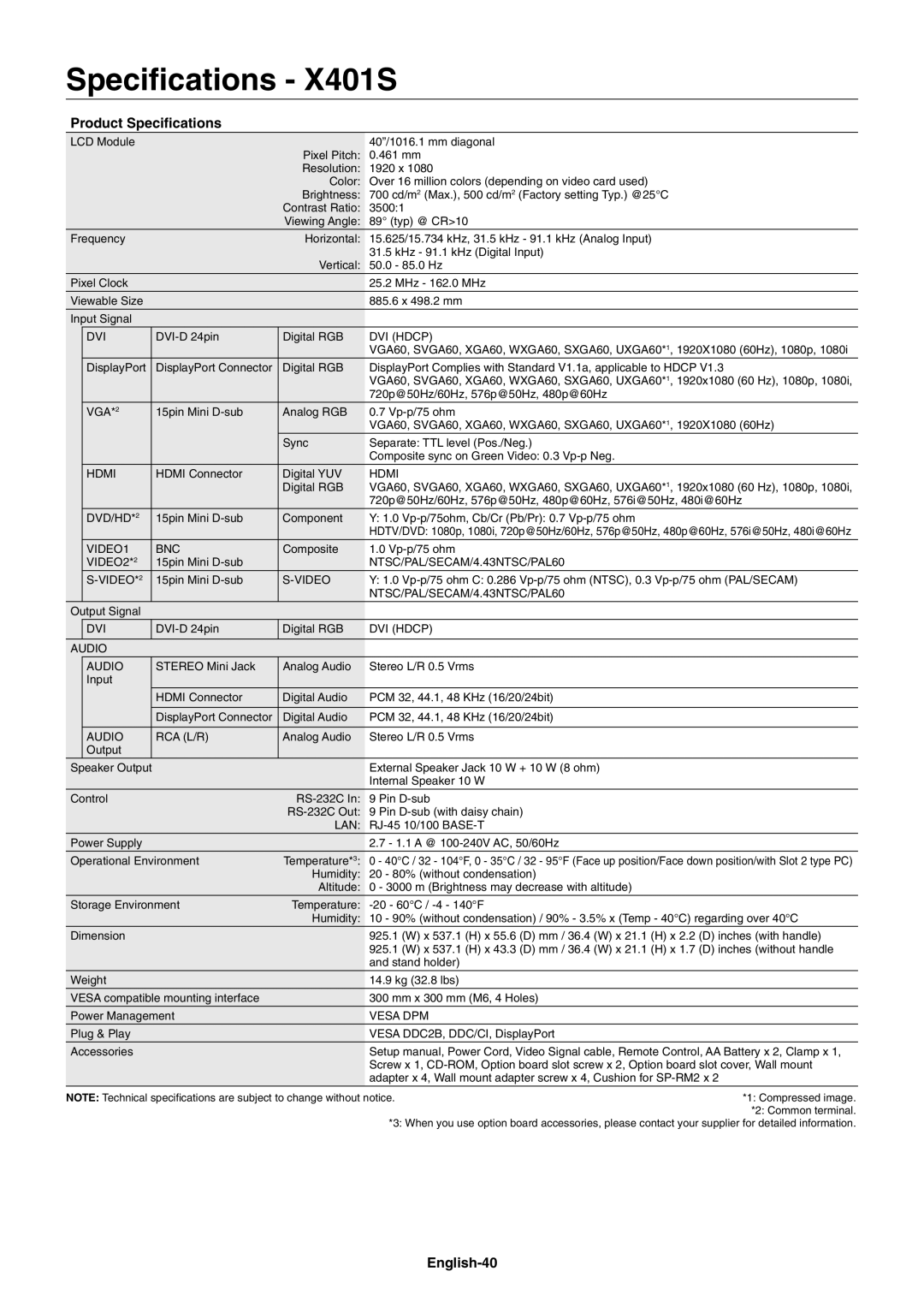 NEC X462SAVT, X552SAVT user manual Speciﬁcations X401S, Product Speciﬁcations, English-40 