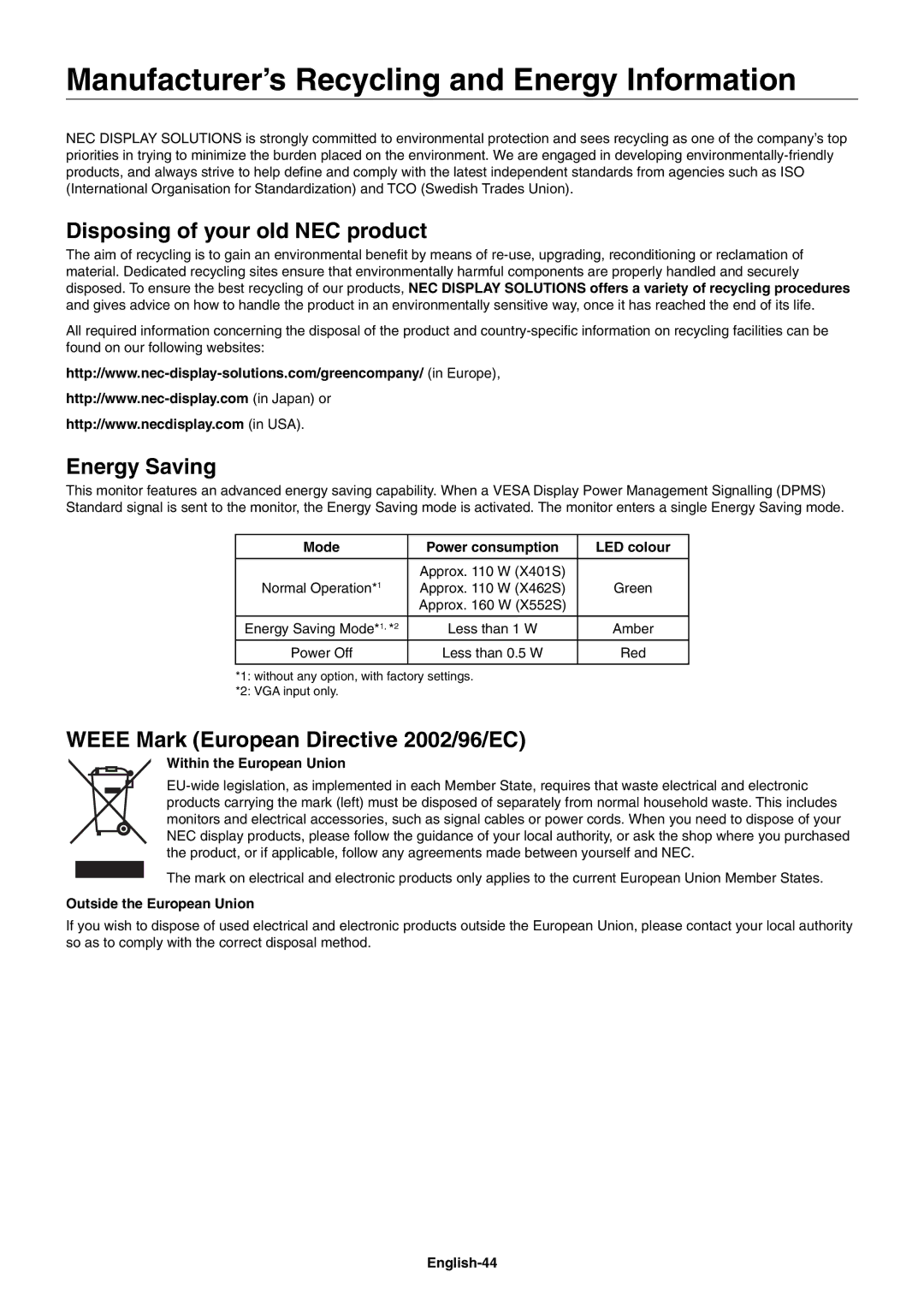 NEC X462SAVT, X552SAVT Manufacturer’s Recycling and Energy Information, Disposing of your old NEC product, Energy Saving 