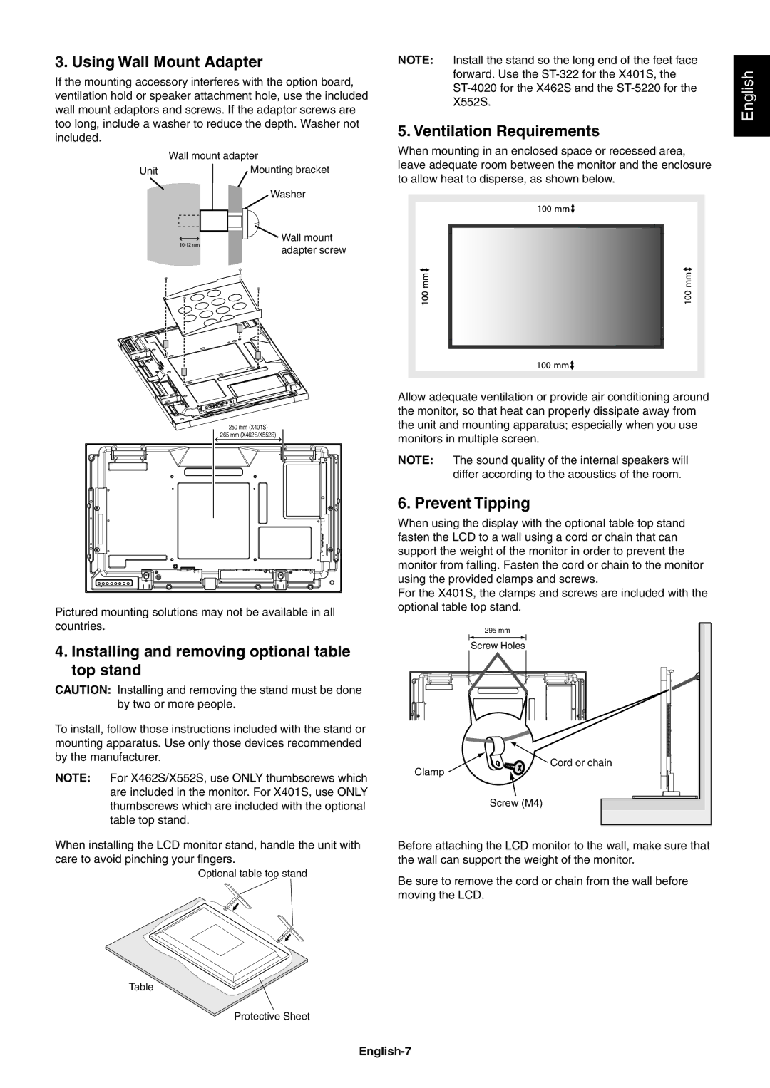 NEC X552SAVT Using Wall Mount Adapter, Ventilation Requirements, Installing and removing optional table top stand 