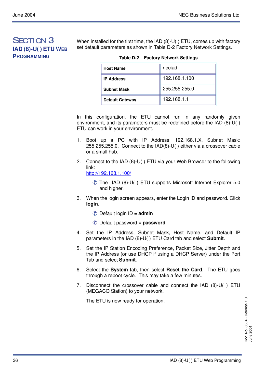 NEC XEN IPK setup guide IAD 8-U ETU WEB 