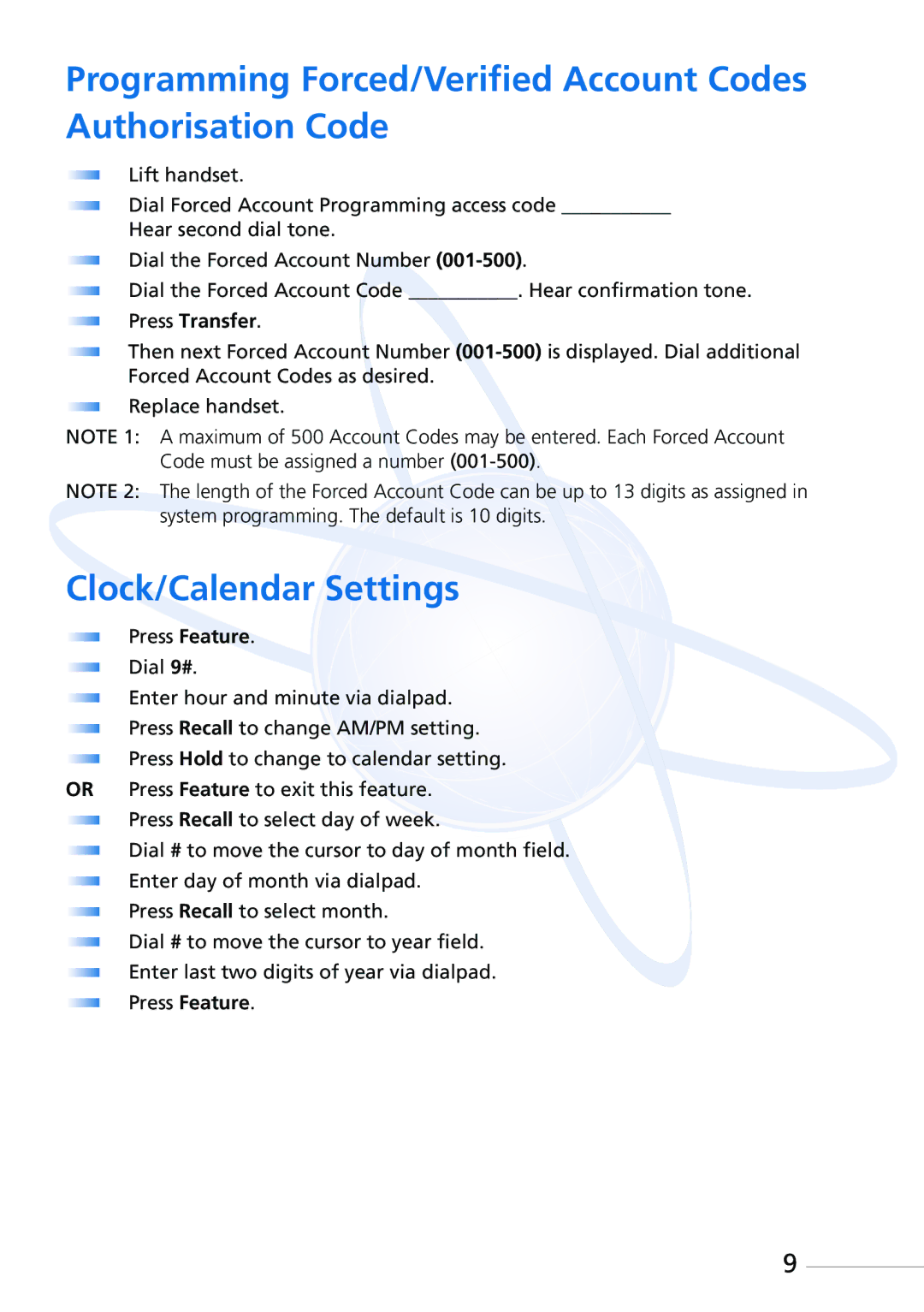 NEC XEN IPK manual Programming Forced/Verified Account Codes Authorisation Code, Clock/Calendar Settings 