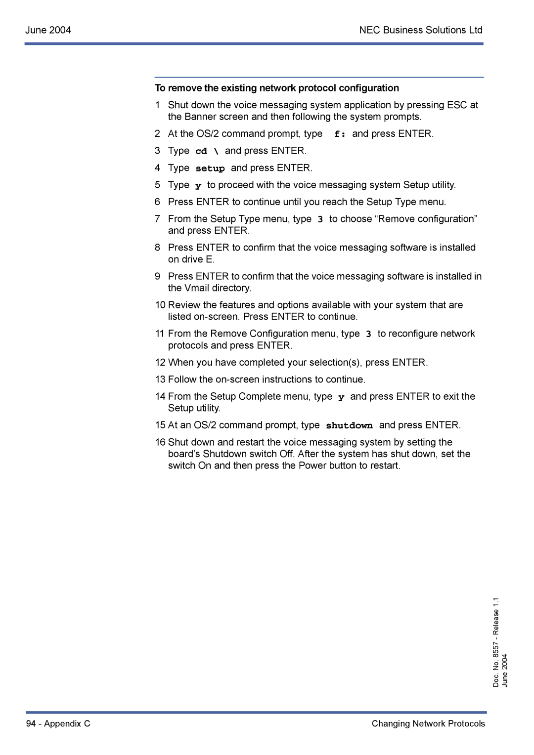 NEC xen mail cti manual To remove the existing network protocol configuration 