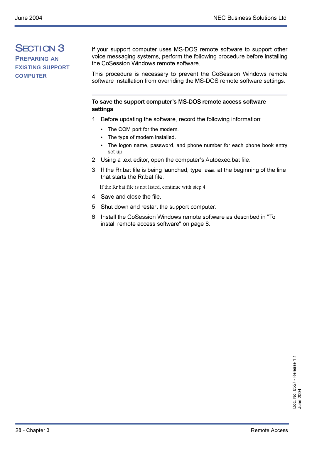 NEC xen mail cti manual Preparing AN Existing Support Computer 