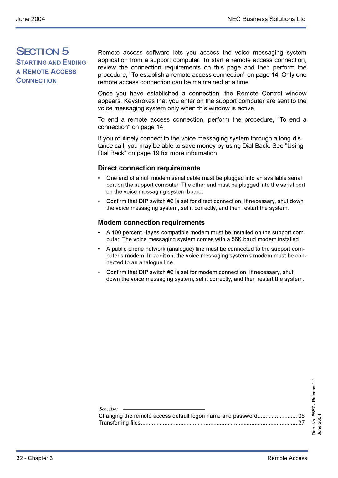 NEC xen mail cti manual Direct connection requirements, Modem connection requirements 