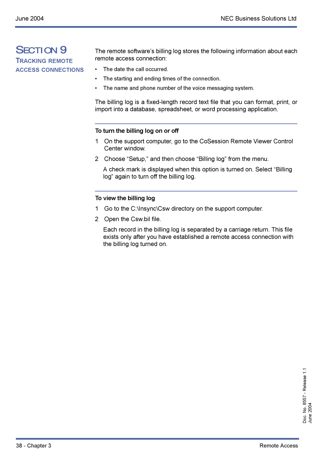 NEC xen mail cti manual To turn the billing log on or off, To view the billing log 