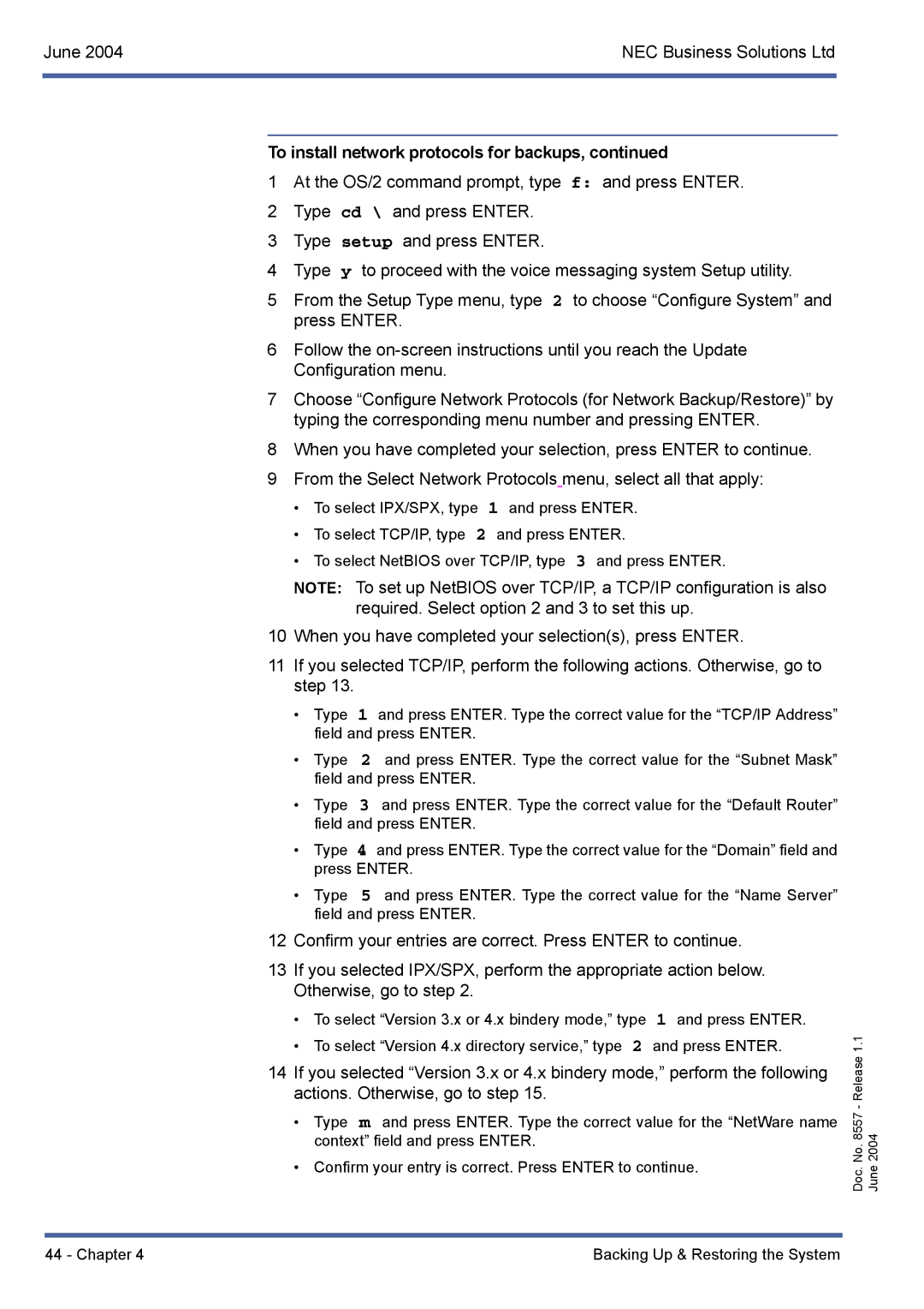 NEC xen mail cti manual To install network protocols for backups 