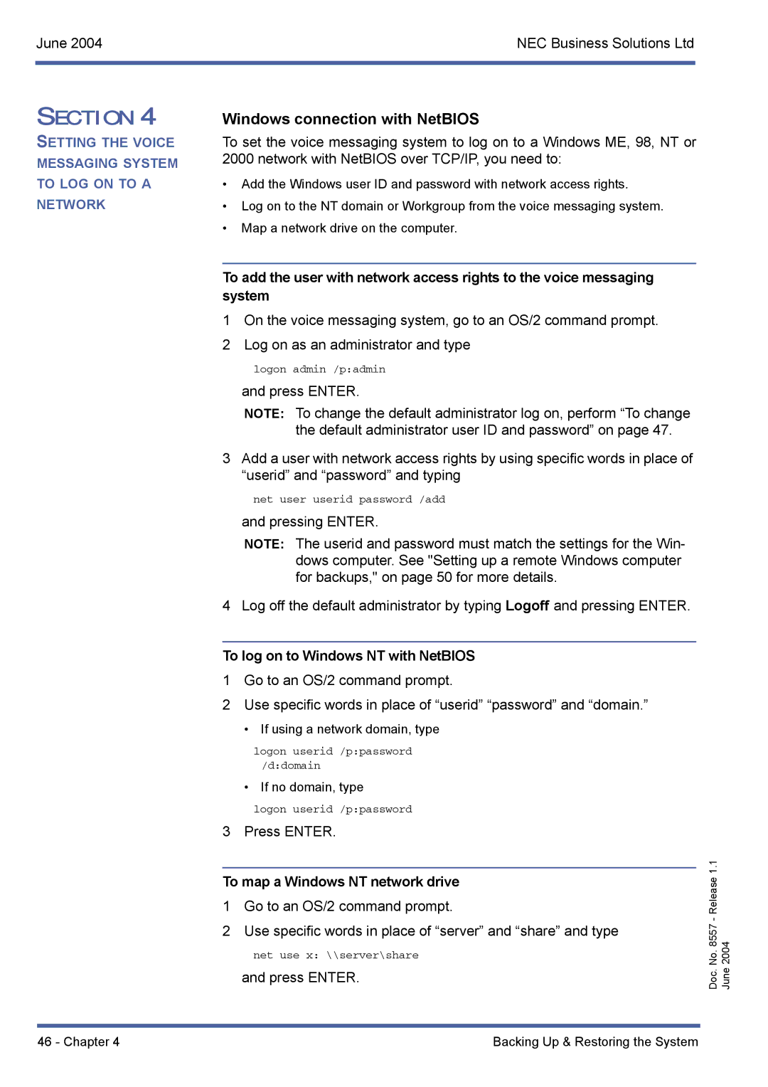 NEC xen mail cti Windows connection with NetBIOS, To log on to Windows NT with NetBIOS, To map a Windows NT network drive 