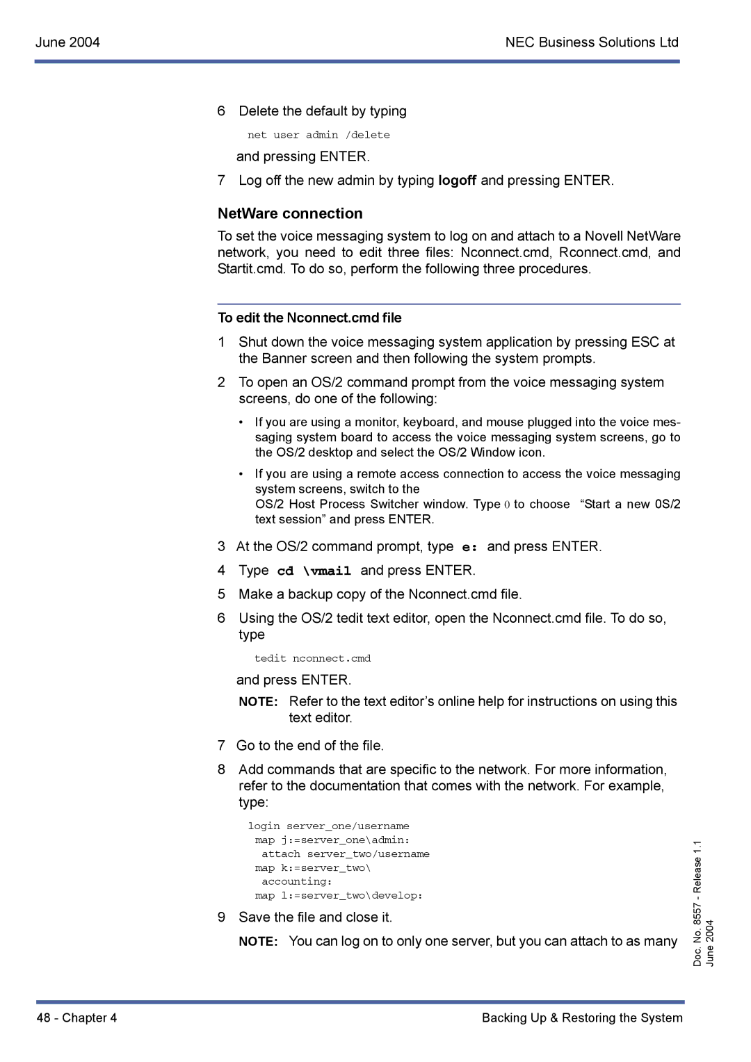 NEC xen mail cti manual NetWare connection, To edit the Nconnect.cmd file 