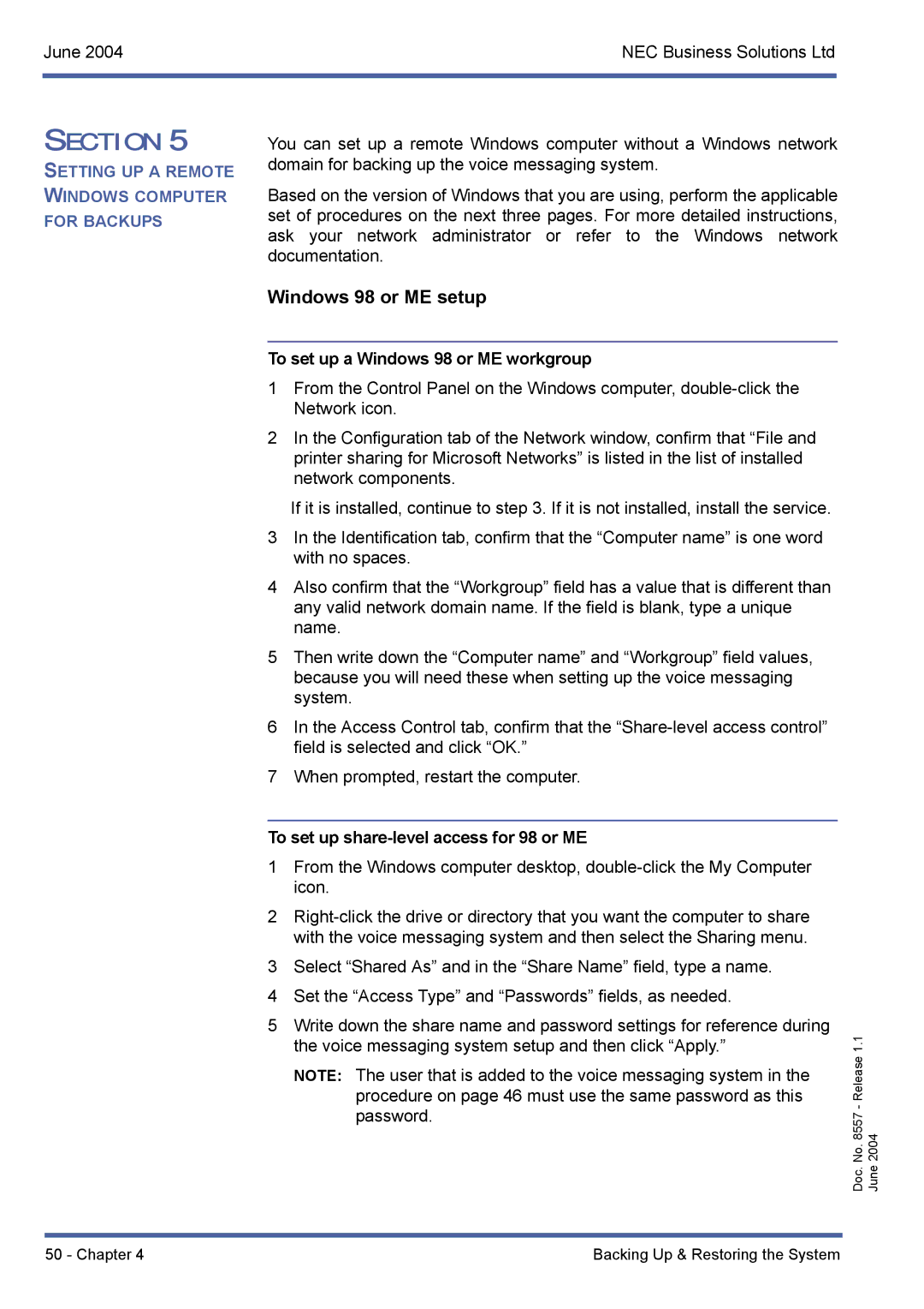 NEC xen mail cti Windows 98 or ME setup, To set up a Windows 98 or ME workgroup, To set up share-level access for 98 or ME 