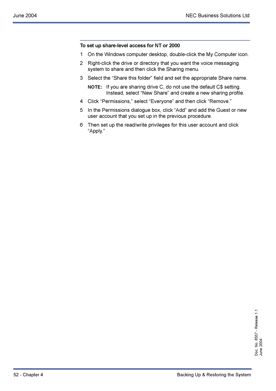 NEC xen mail cti manual To set up share-level access for NT or 