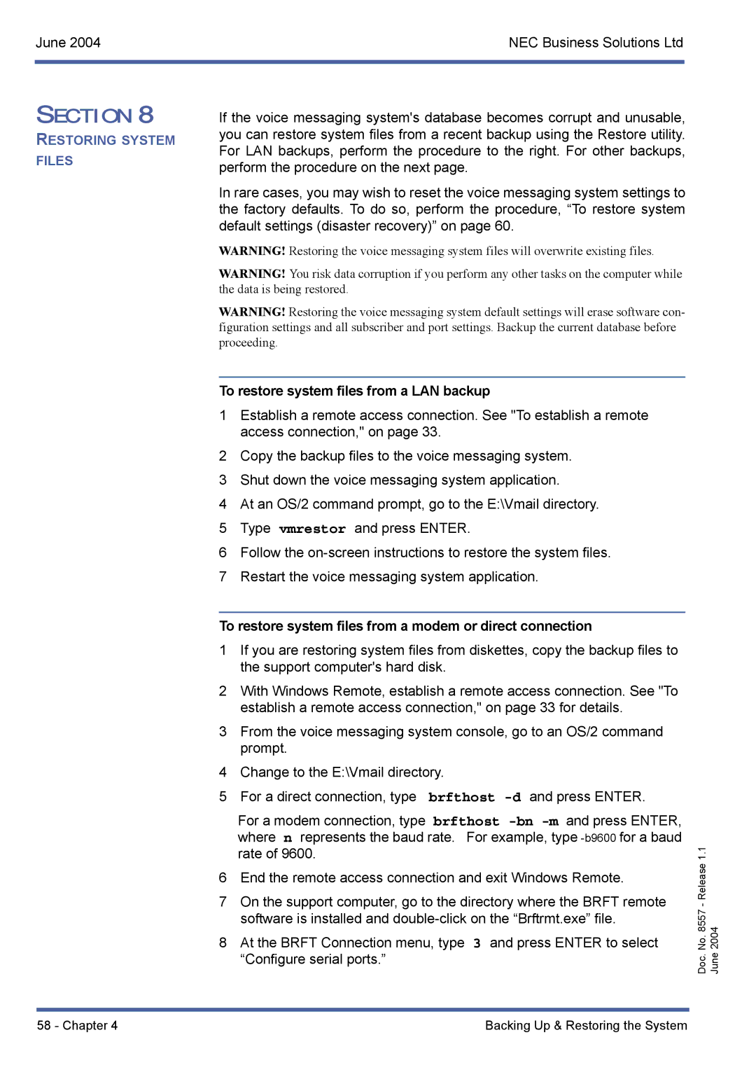 NEC xen mail cti To restore system files from a LAN backup, To restore system files from a modem or direct connection 