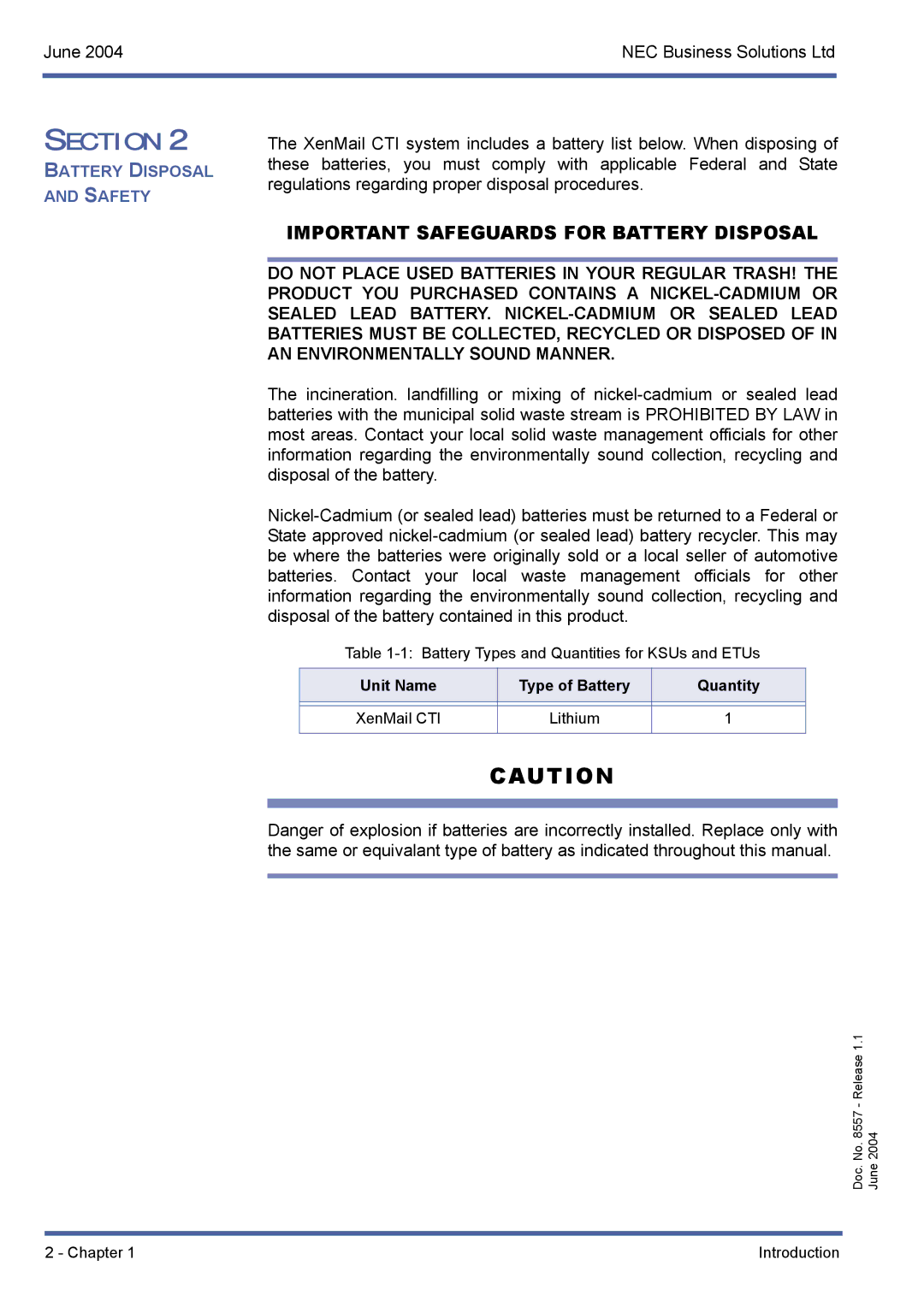 NEC xen mail cti manual Important Safeguards for Battery Disposal 