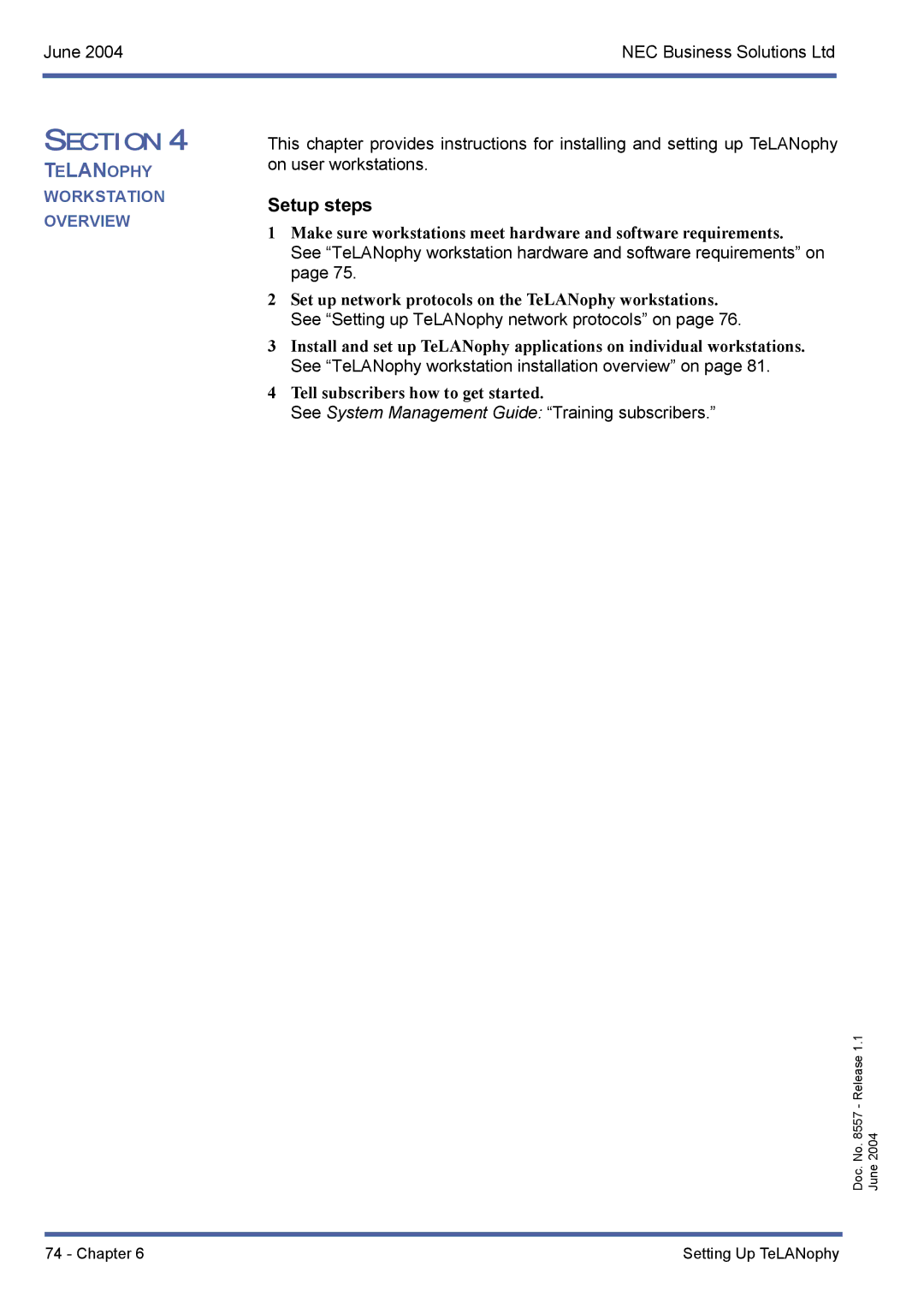 NEC xen mail cti manual Set up network protocols on the TeLANophy workstations 