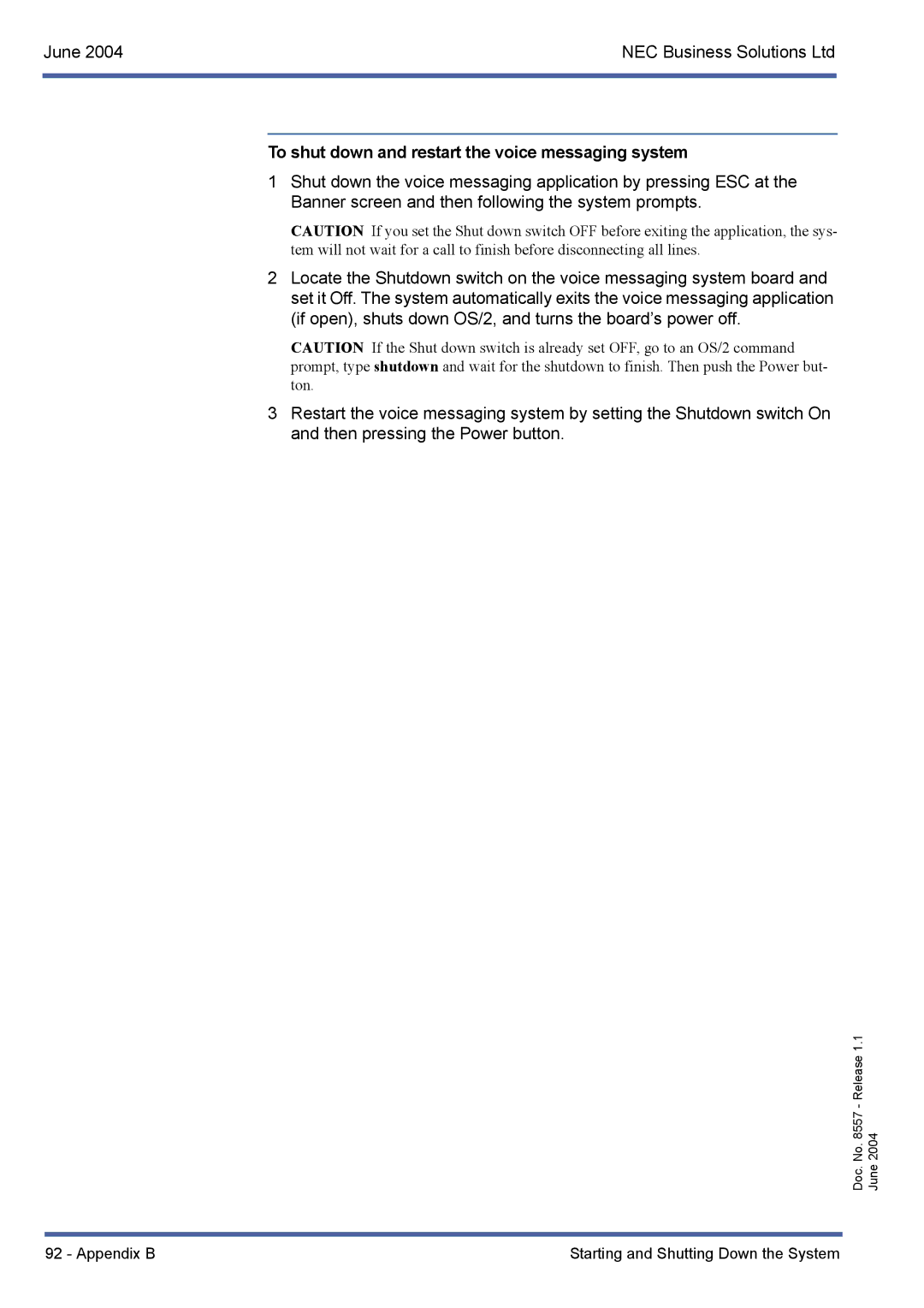 NEC xen mail cti manual To shut down and restart the voice messaging system 